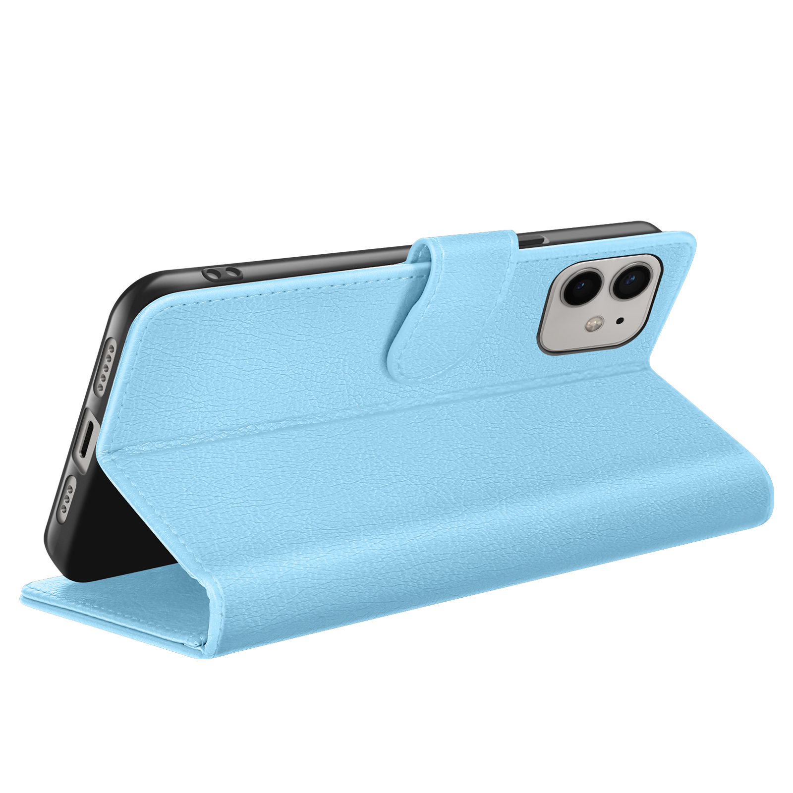 Een lichtblauwe telefoonhoes in folio-stijl, met een zwarte smartphone. De hoes is open en toont het scherm en de camera van de telefoon.