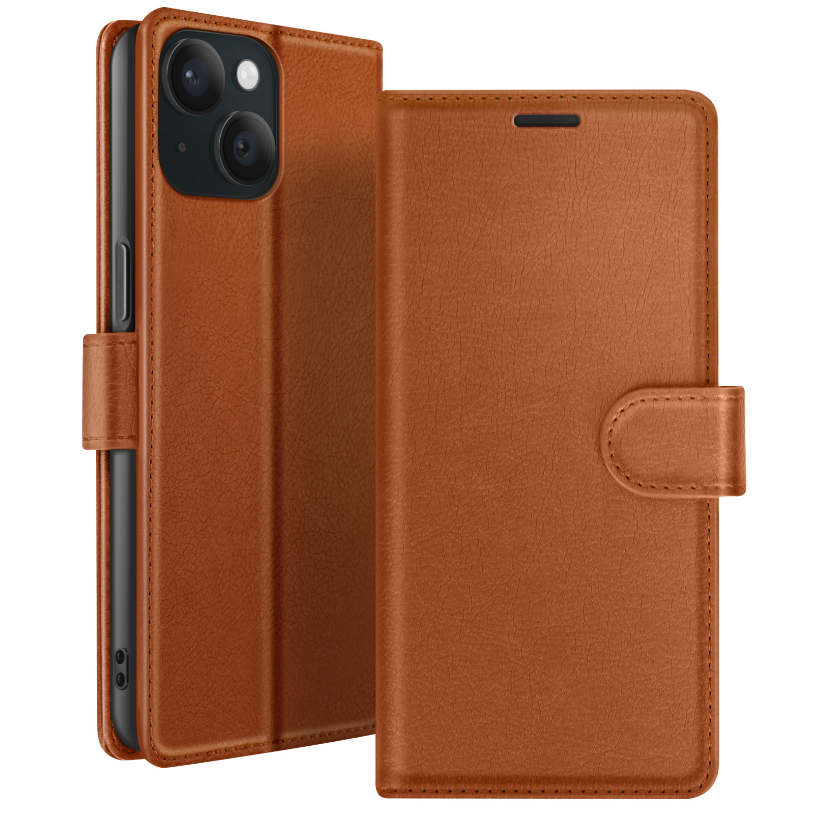 Un étui de téléphone en cuir marron, ouvert pour révéler un téléphone noir avec des lentilles de caméra. C'est un étui de type portefeuille.