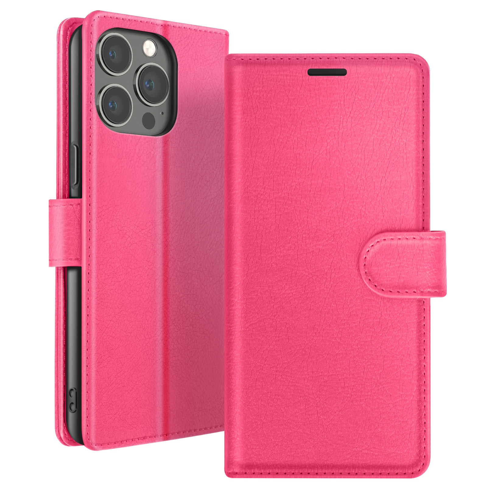 Een roze telefoonhoes, open om een telefoon links en de gesloten cover rechts te laten zien, witte achtergrond.