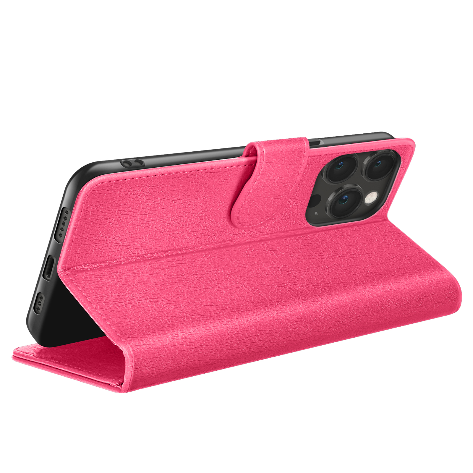 Een roze telefoonhoesje, open en ondersteunt een zwarte telefoon met meerdere camera's. Witte achtergrond.