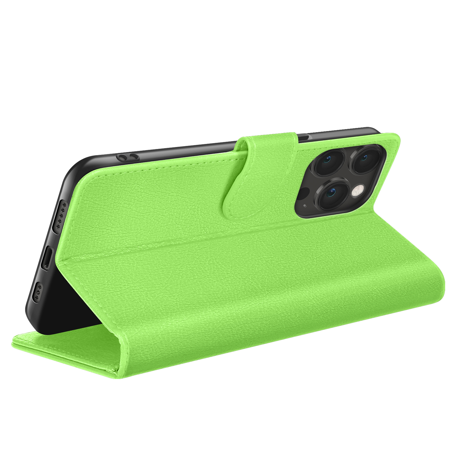 Een groene telefoonhoes is open en toont de telefoon. De hoes is gemaakt van textiel. De telefoon heeft meerdere camera's.