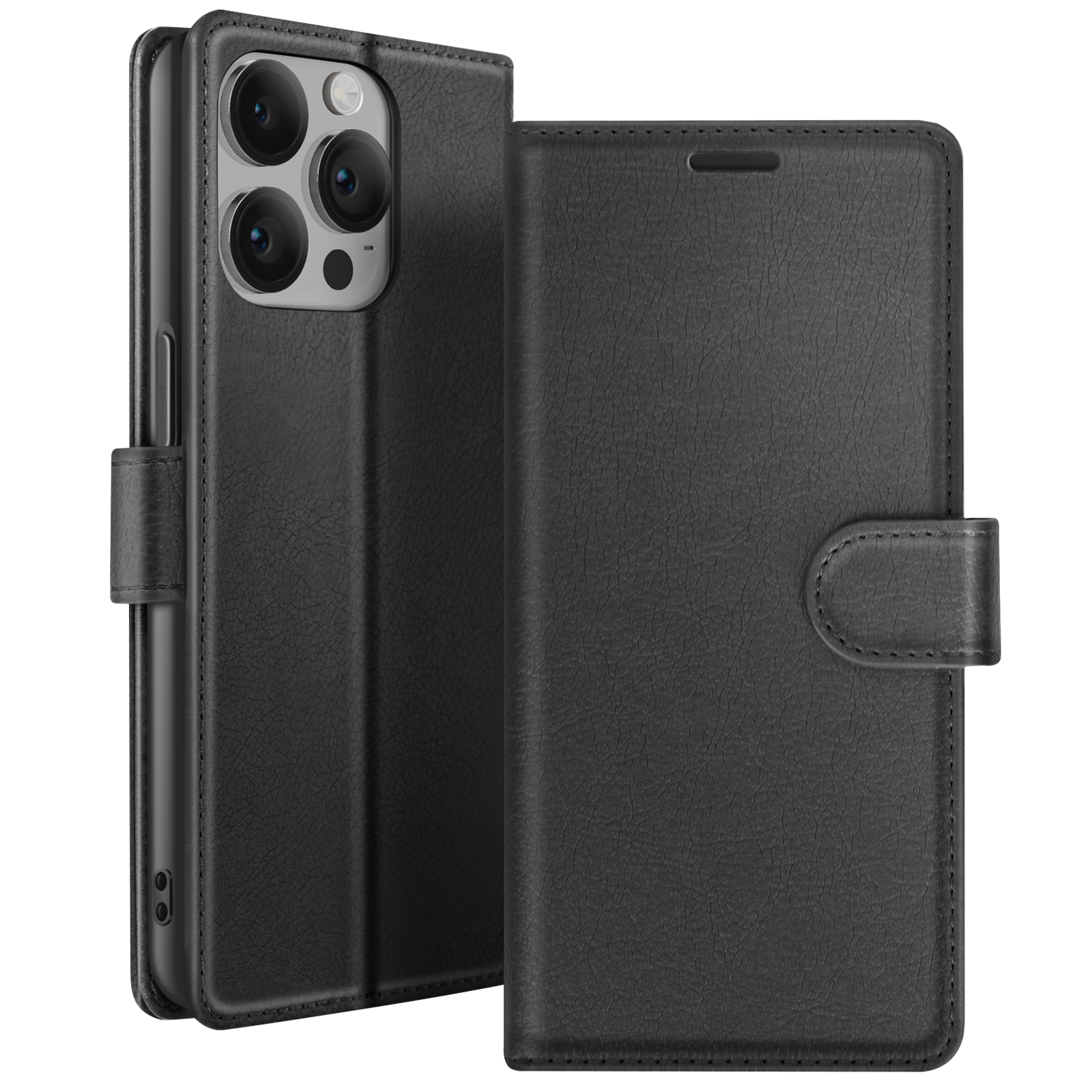 Étui de téléphone en cuir noir, ouvert, montrant le téléphone et le couvercle. Fermoir magnétique.
