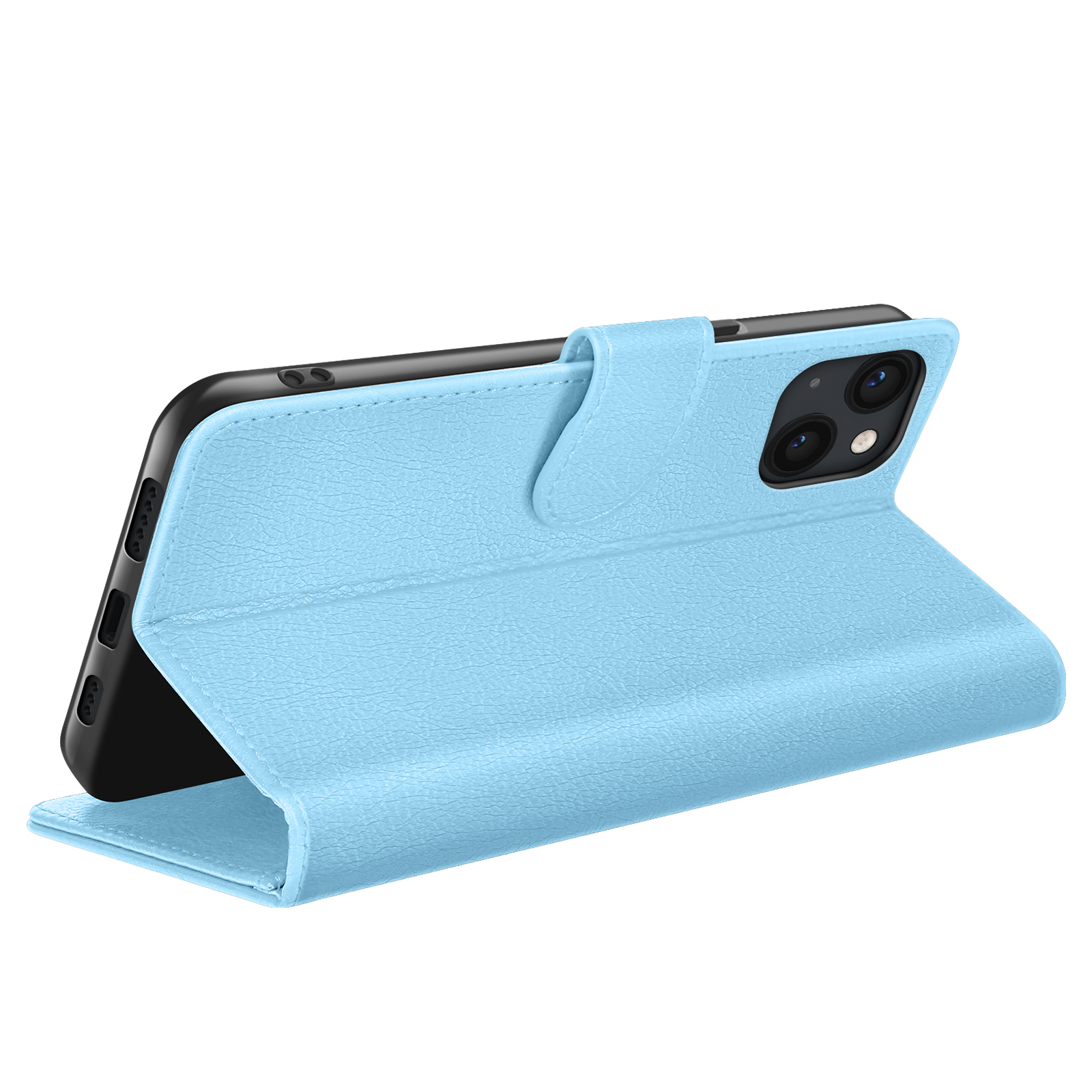 Een zwarte smartphone zit in een lichtblauwe telefoonhoes. De hoes is open en onthult de cameralenzen van de telefoon.