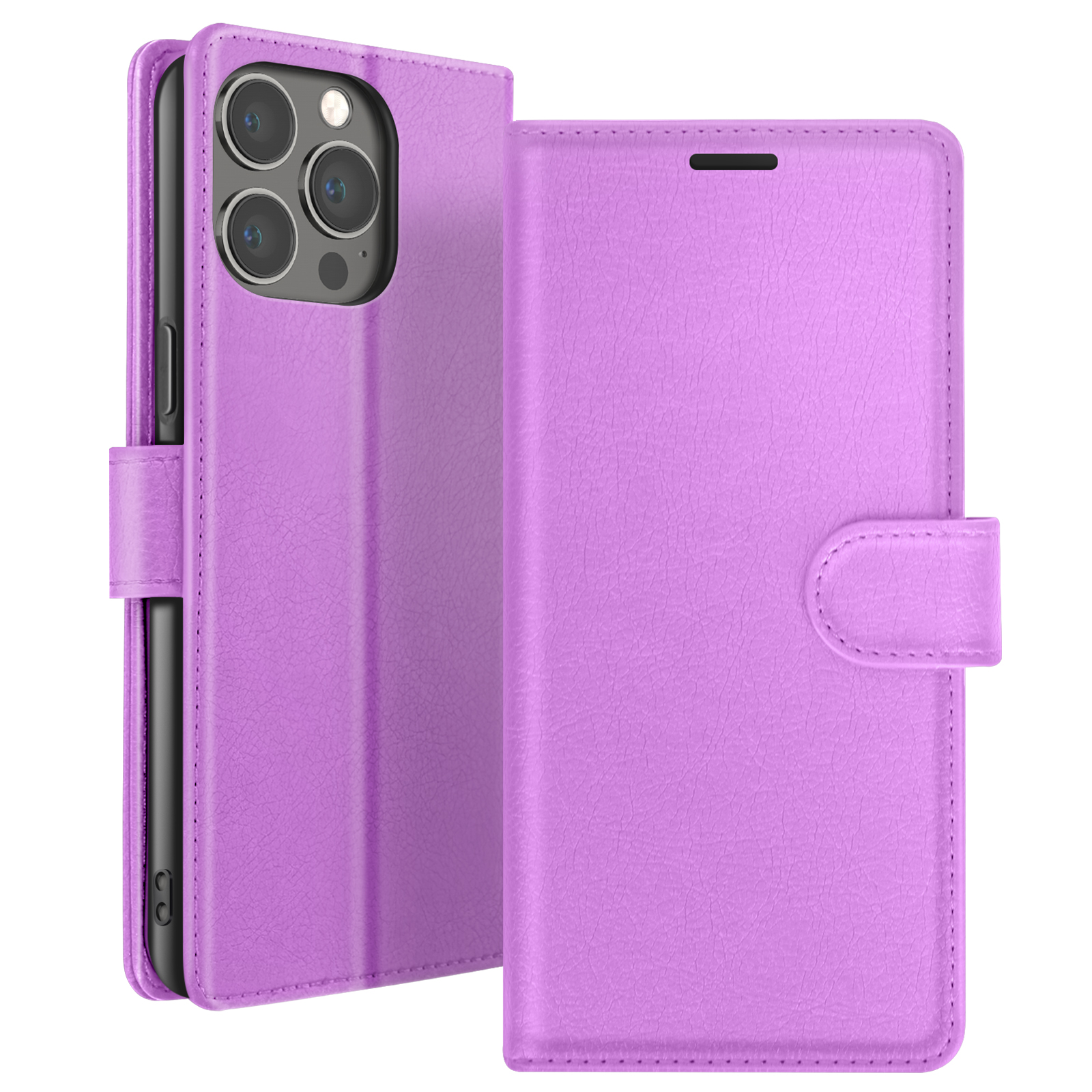 Un étui de téléphone violet est ouvert, affichant un téléphone. L'étui est en cuir texturé avec un fermoir magnétique.