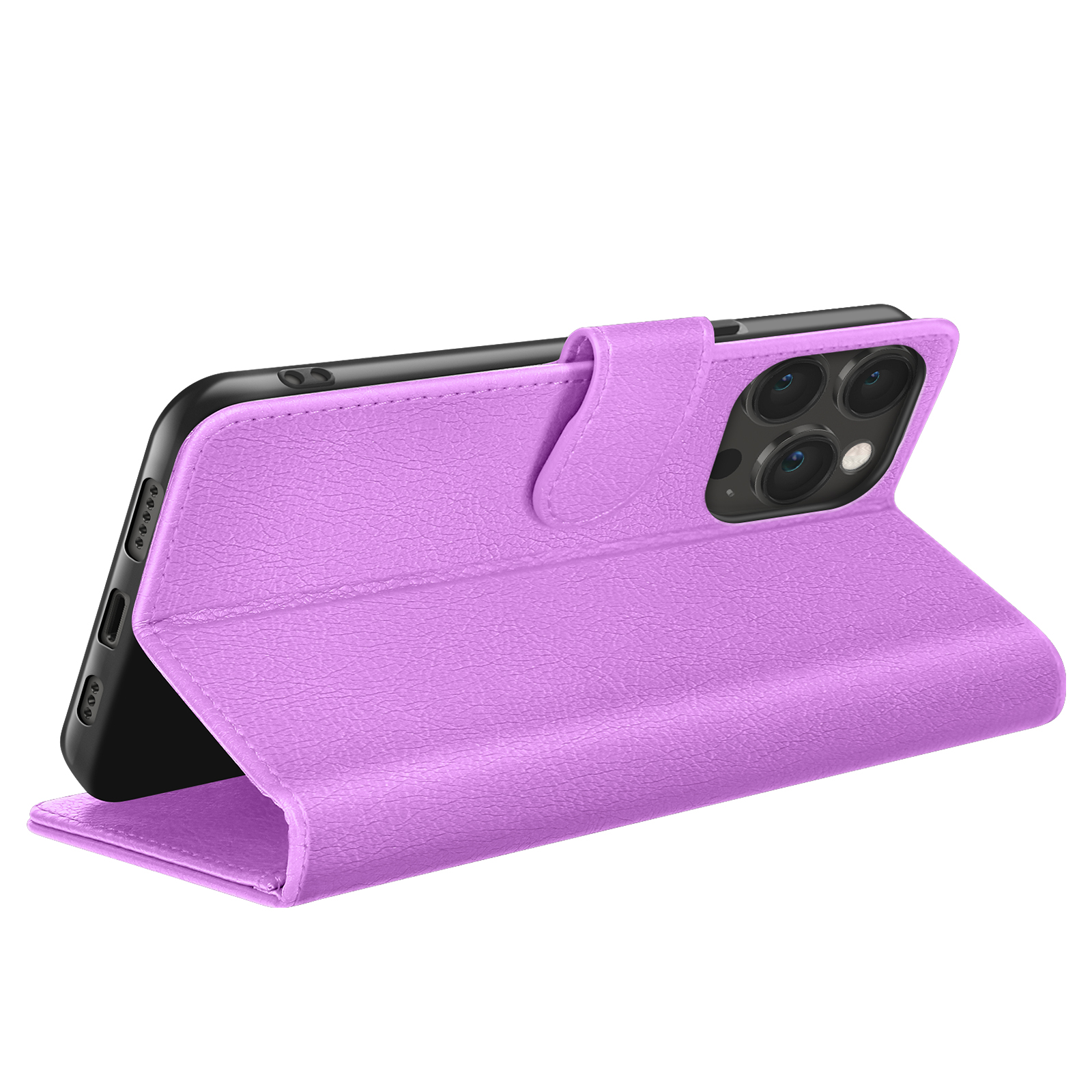 Un étui de téléphone lilas avec un téléphone à l'intérieur, ouvert et debout. Les lentilles de la caméra sont visibles. Le fond est blanc.