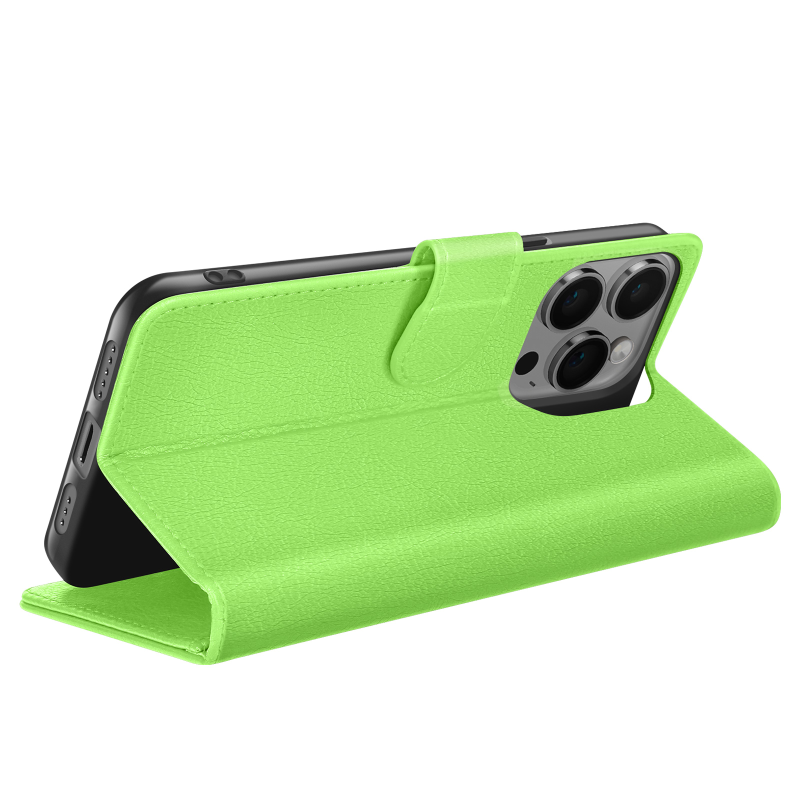 Een groene telefoonhoes is open en onthult een zwarte telefoon. De hoes heeft een gestructureerd oppervlak en een magnetische sluiting.