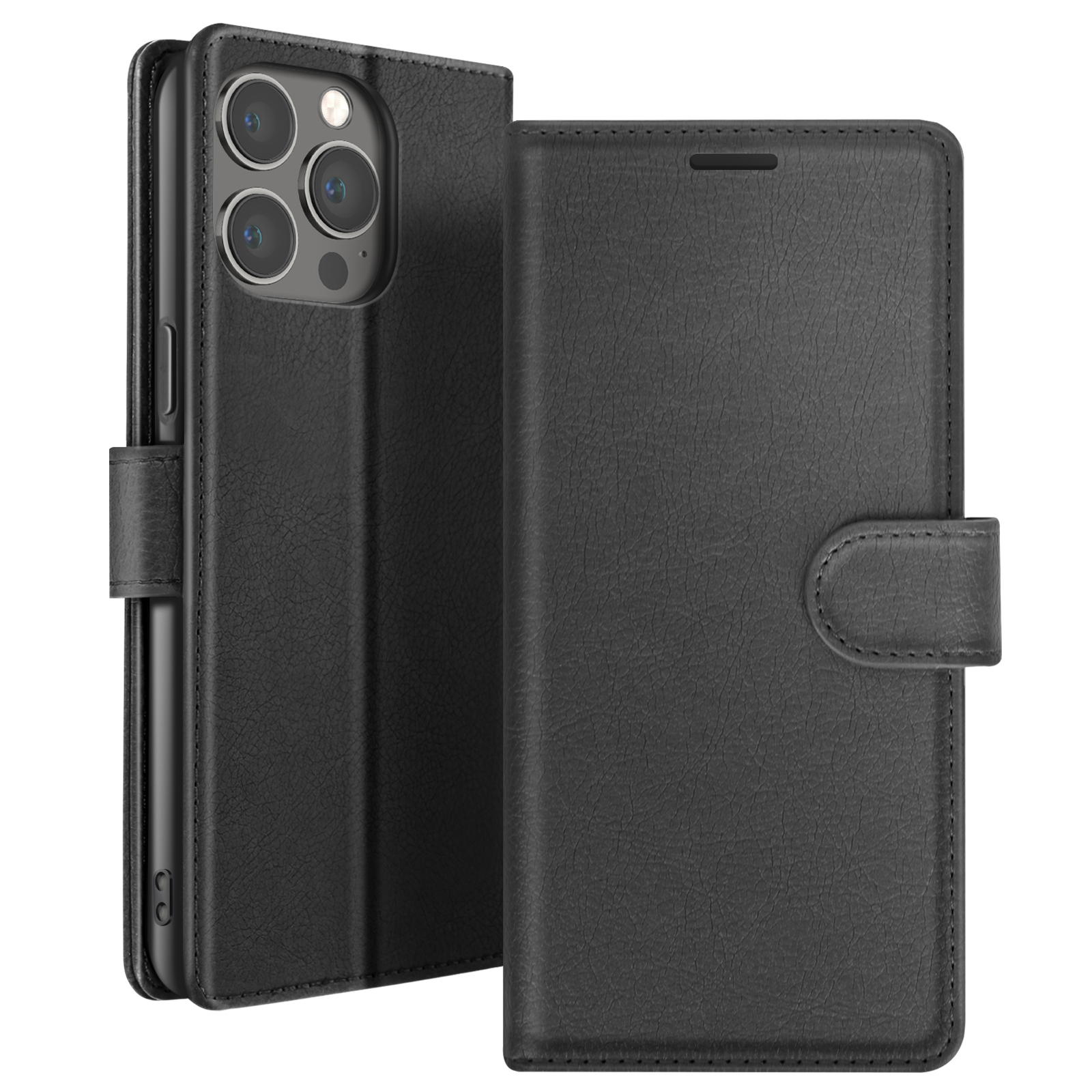 Zwarte leren telefoonhoes, open om de telefoon te laten zien. De hoes heeft een magnetische sluiting en een textuur.