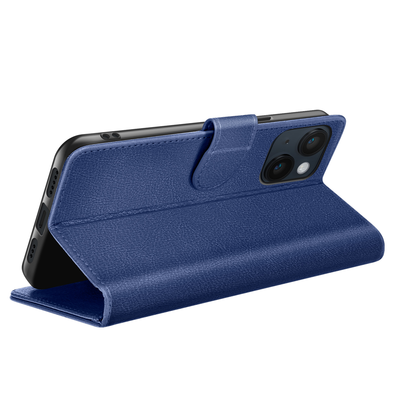 Een blauwe leren telefoonhoes is open en toont een zwarte telefoon. De hoes heeft een getextureerd oppervlak en een sluiting.