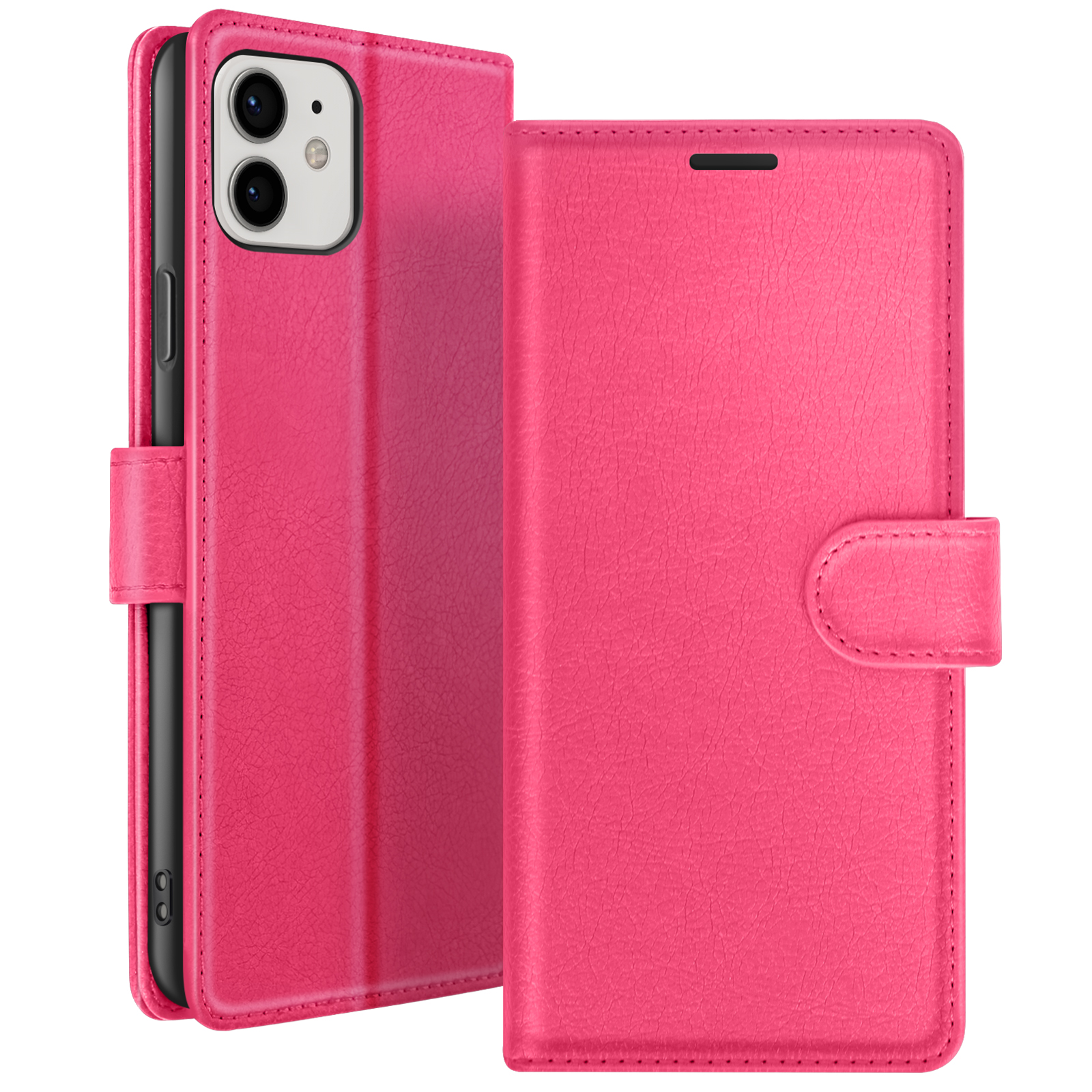 Een roze leren telefoonhoesje is open. De telefoon zit erin en de hoes is gesloten met een magnetische flap.