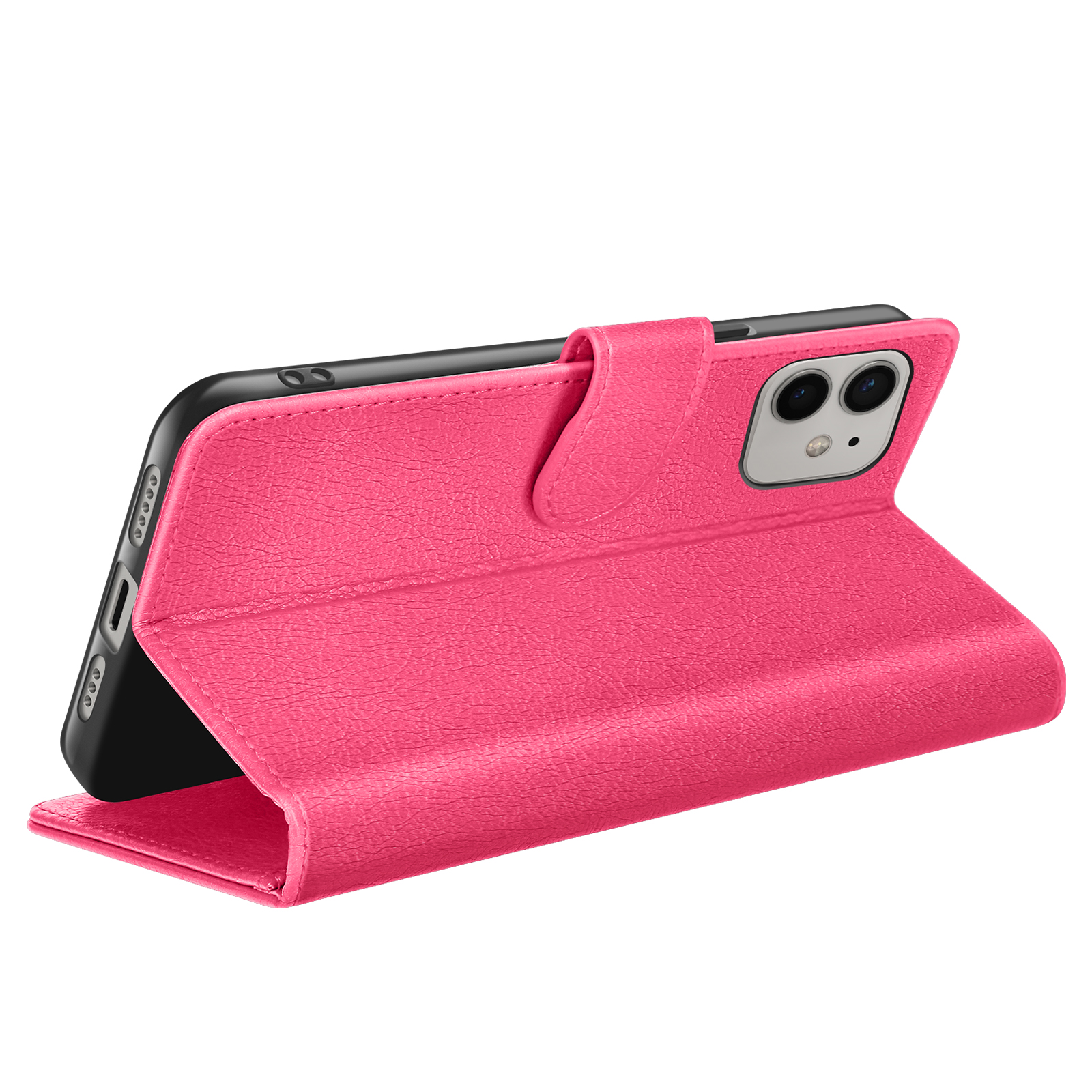 Een roze telefoonhoesje is open en houdt een zwarte telefoon vast. De hoes heeft een getextureerde afwerking en een magnetische sluiting.