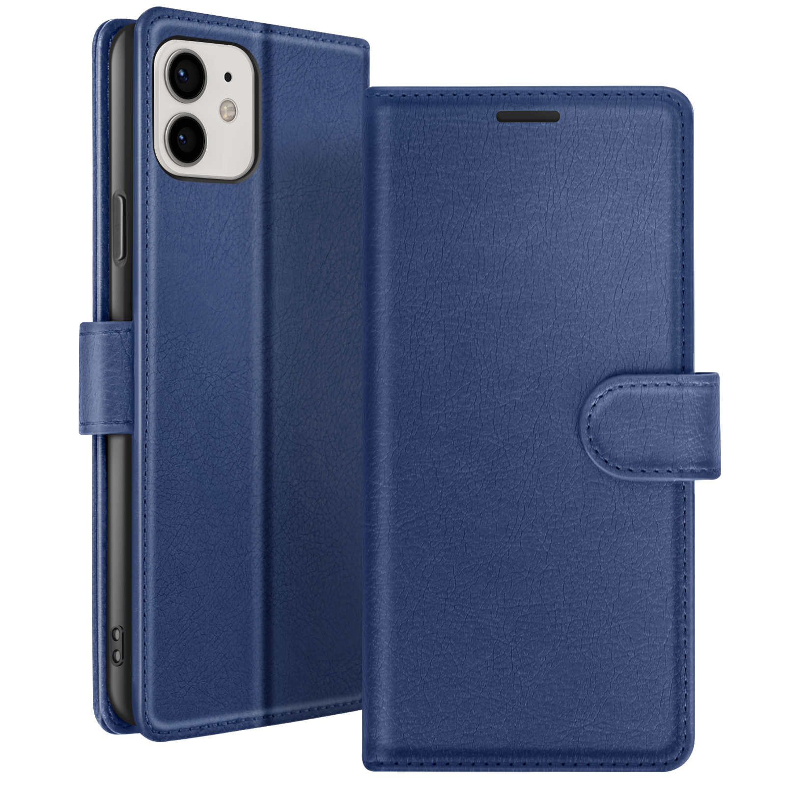 Étui de téléphone en cuir bleu, ouvert. Le téléphone est visible à gauche. L'étui a une fermeture magnétique.