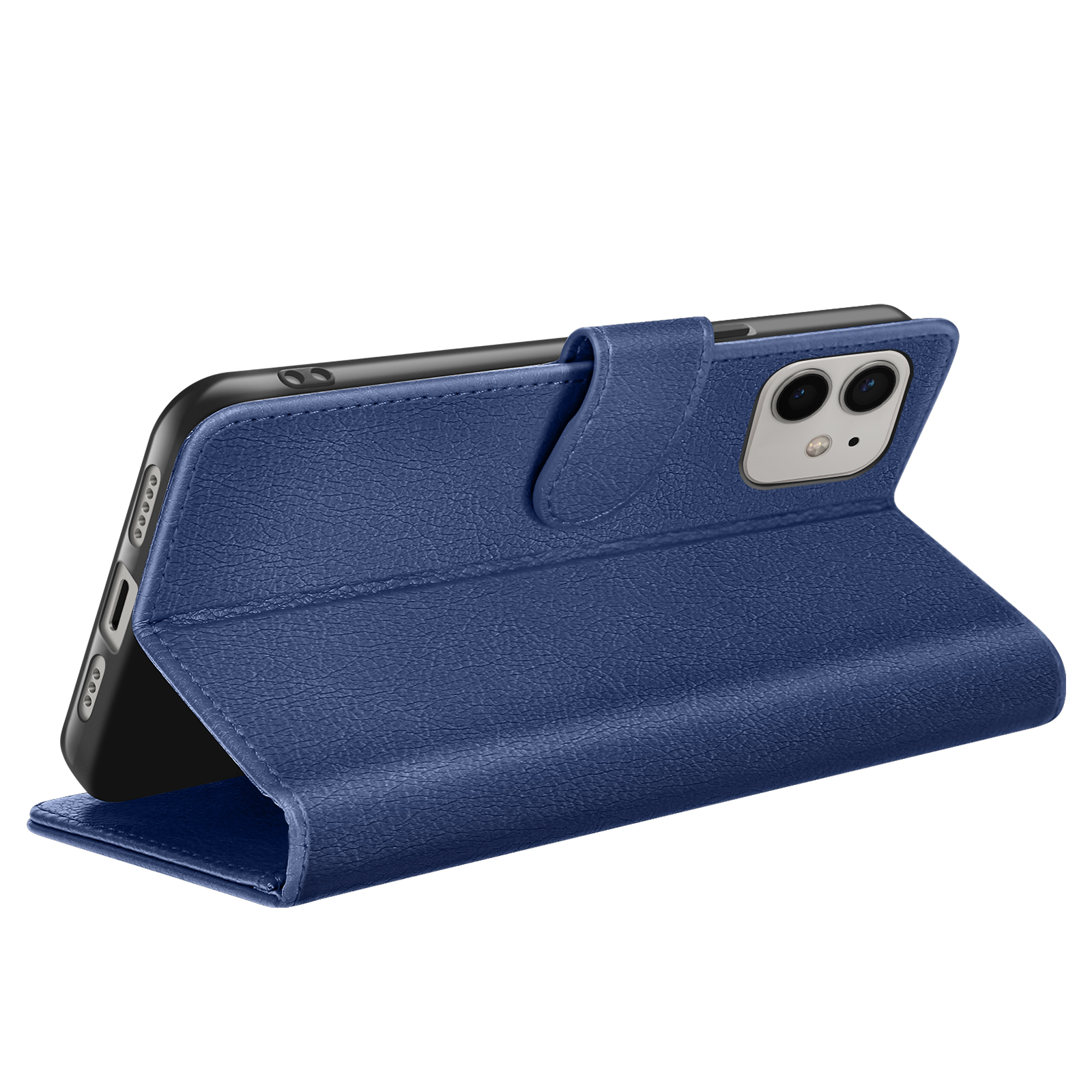 Un étui de téléphone en cuir bleu est ouvert, tenant un smartphone noir. L'étui présente un rabat et une surface texturée.