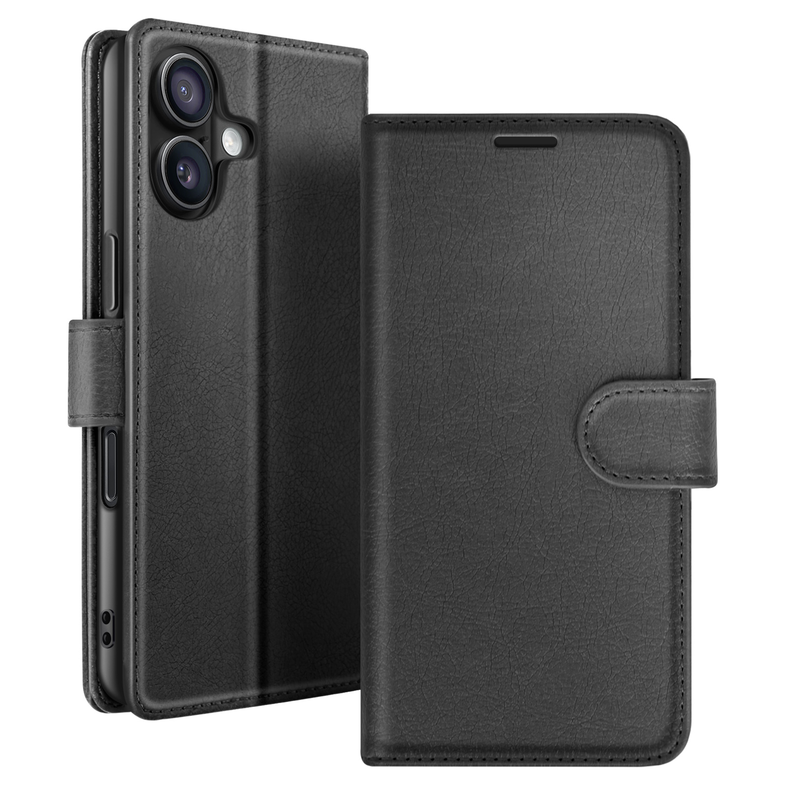 Zwarte leren telefoonhoes. Eén kant heeft een telefoon met zichtbare cameralenzen. De andere kant heeft een sluiting.
