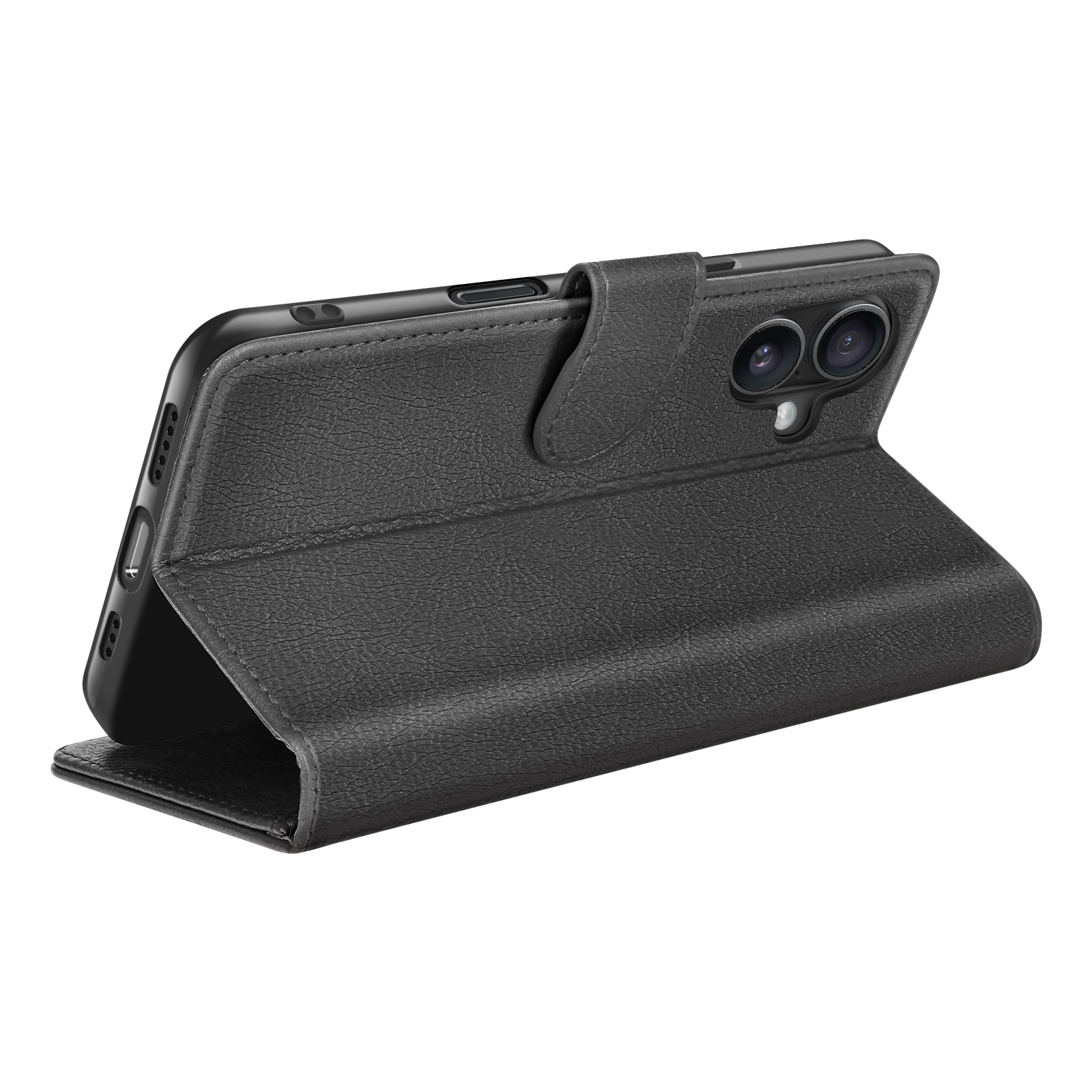 Zwarte telefoonhoes met een flipcover. De telefoon is zwart, met twee camera's. De hoes is gemaakt van getextureerd leer.