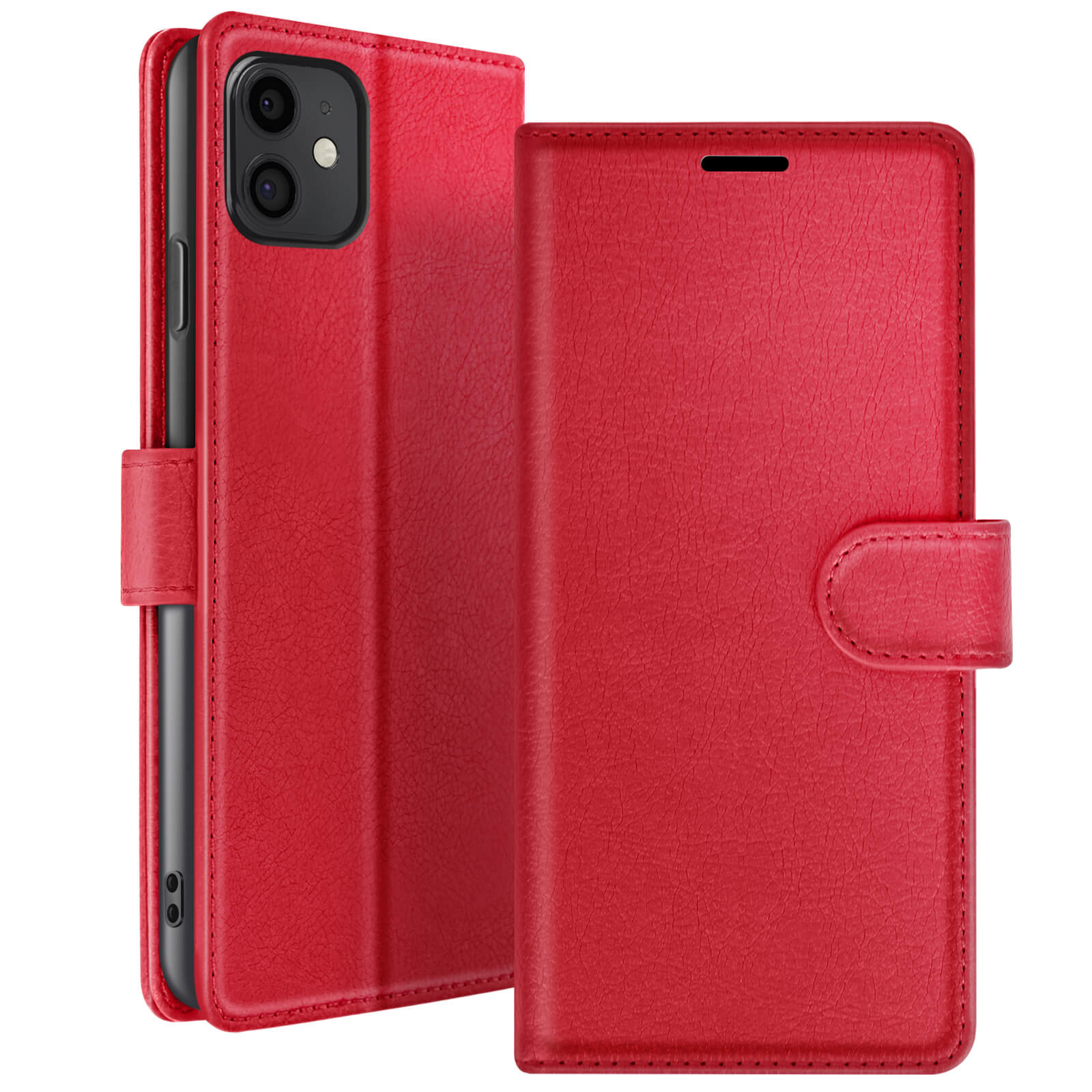 Een rode leren telefoonhoes, opengeklapt om een telefoon te tonen. De hoes heeft een magnetische sluiting en een getextureerd oppervlak.
