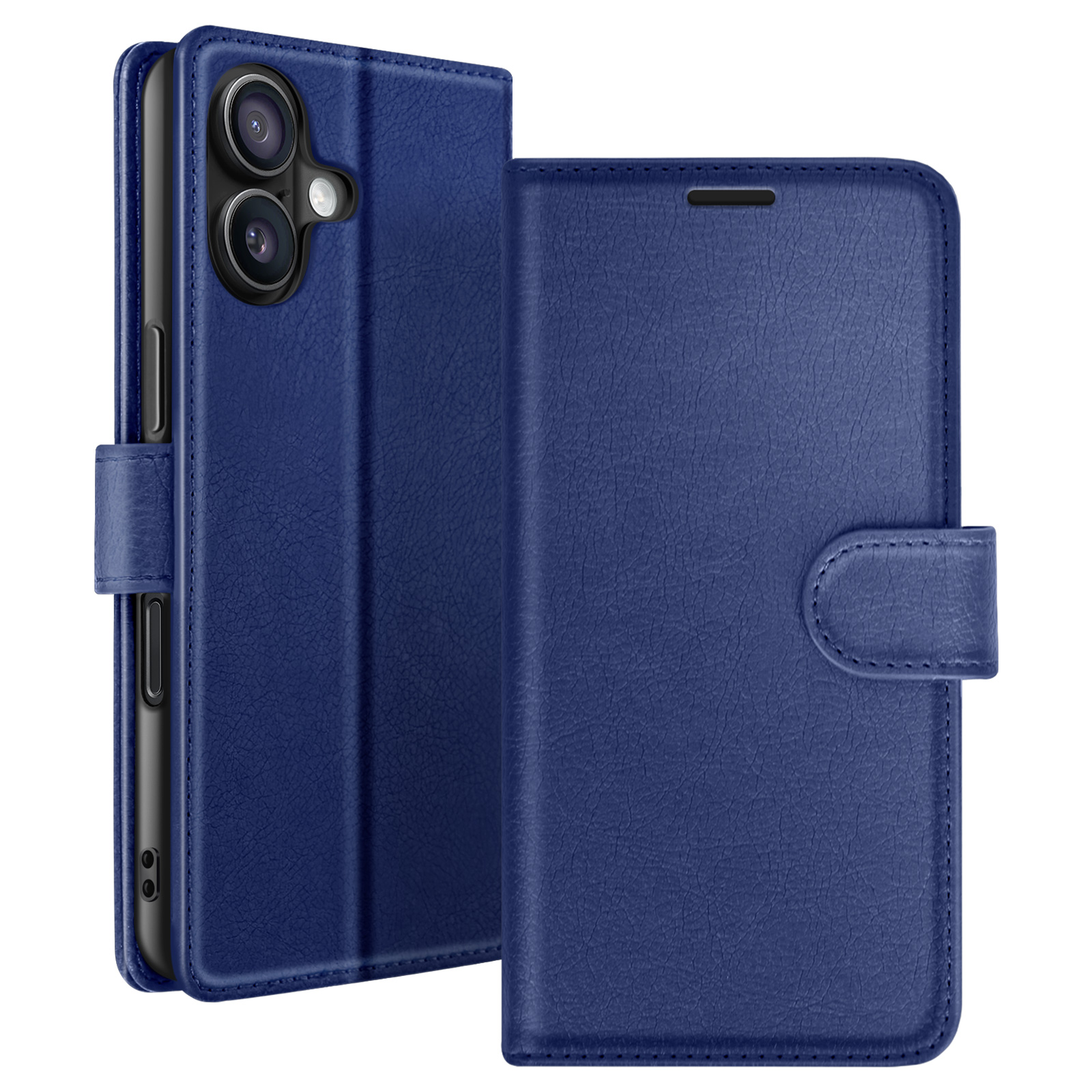 Un étui de téléphone en cuir bleu est ouvert, présentant un téléphone avec des lentilles de caméra visibles. L'étui a une fermeture.