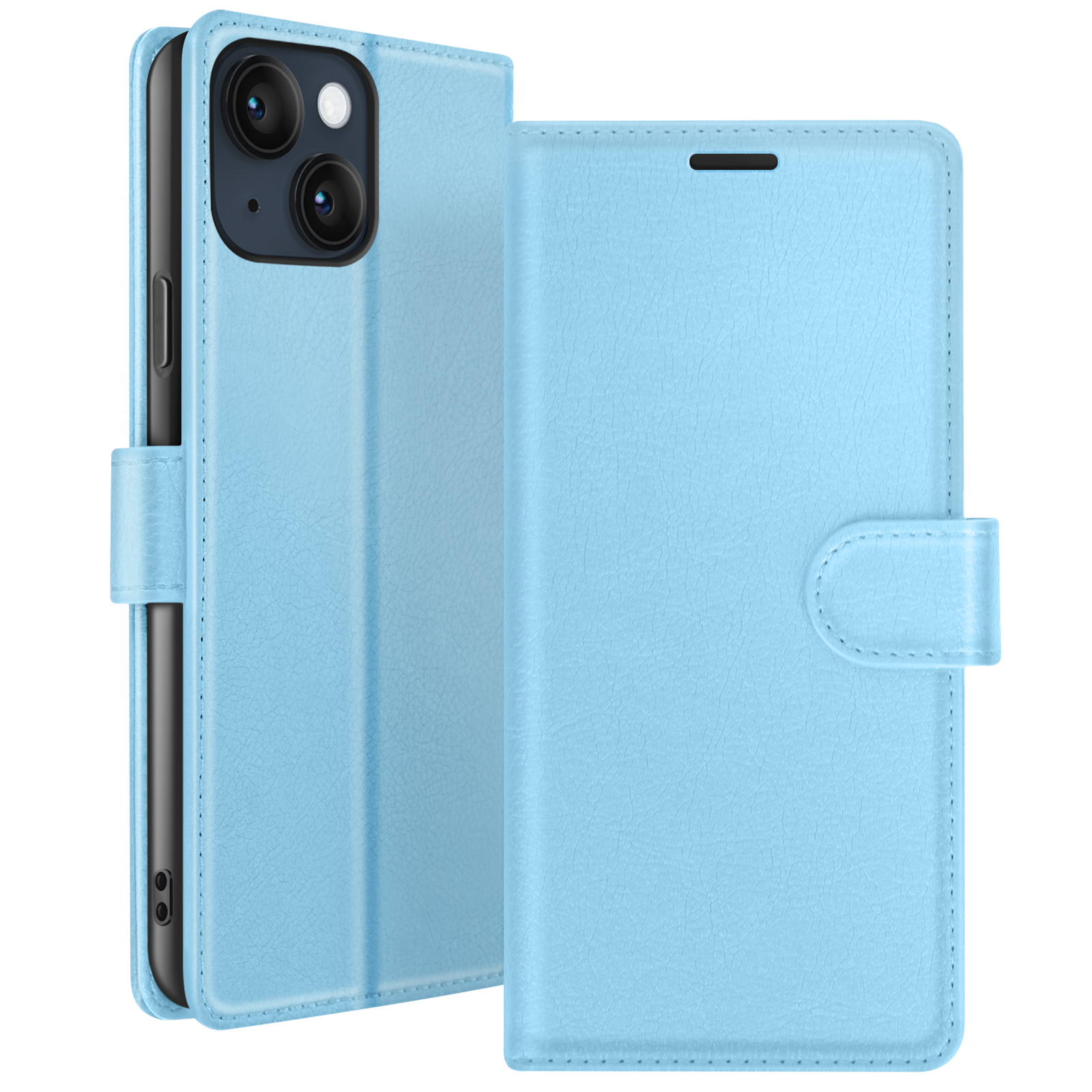 Een lichtblauwe telefoonhoes, opengeklapt om de telefoon te laten zien. De hoes heeft een magnetische sluiting. De telefoon heeft zwarte camera's.