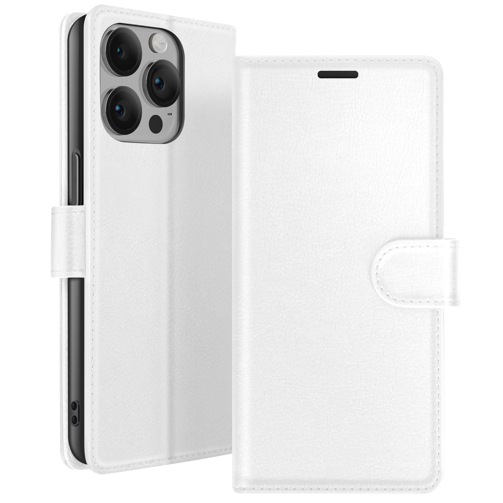 Étui de téléphone blanc, ouvert pour montrer le téléphone. Dispose d'une fermeture à bouton. L'étui a une finition texturée semblable au cuir.