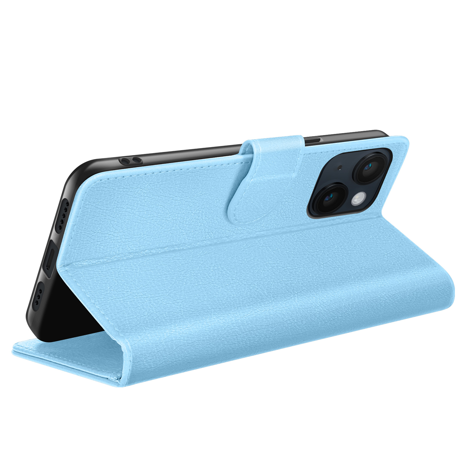 Een lichtblauwe telefoonhoes met flap en telefoon. De hoes is open en toont de telefoon binnenin. De achtergrond is wit.