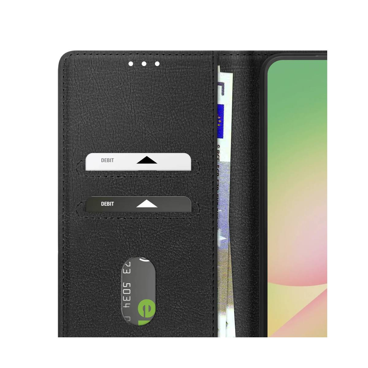Schwarze Geldbörse mit Debitkarten, einer Kreditkarte und einem Smartphone. Währung ist sichtbar. Die Geldbörse ist offen.