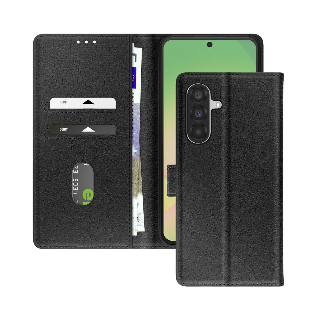 Geöffnete schwarze Handyhülle mit Smartphone, Karten und Bargeld. Die Hülle ist lederartig mit Magnetverschluss.