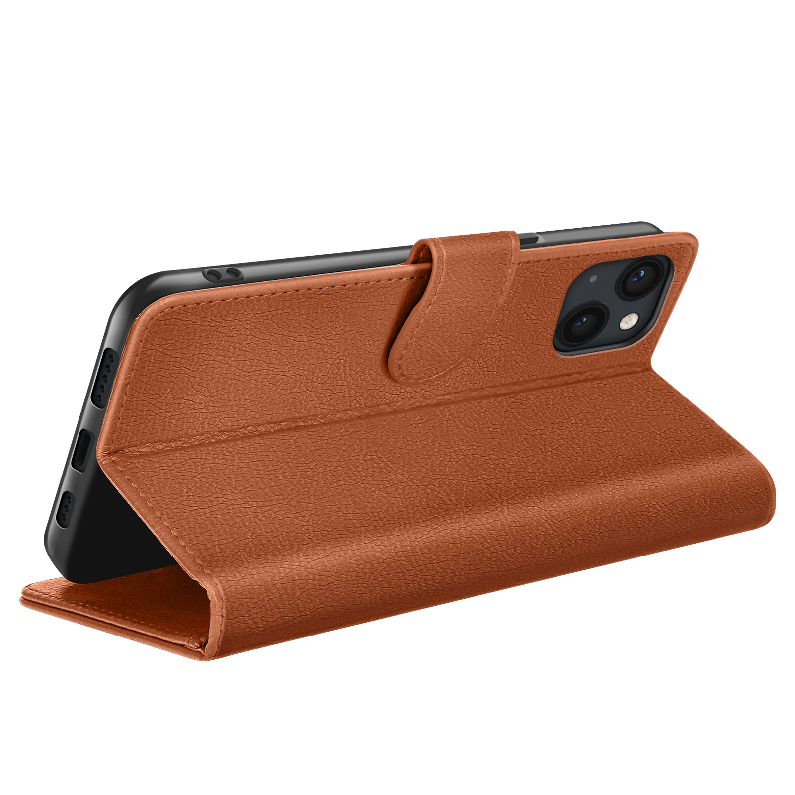 Een bruine leren telefoonhoes met een telefoon erin. De hoes is open en de telefoon is zichtbaar.