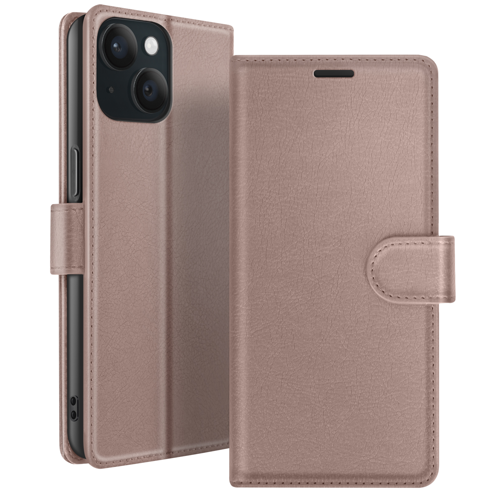 Un étui de téléphone rose est ouvert, révélant un téléphone avec des lentilles d'appareil photo. La couverture a un fermoir. Le fond est blanc.