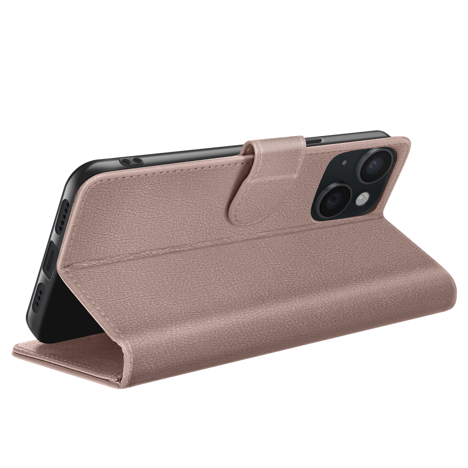 Un téléphone dans un étui rose. L'étui est ouvert, révélant l'écran et les caméras du téléphone. Fond blanc.