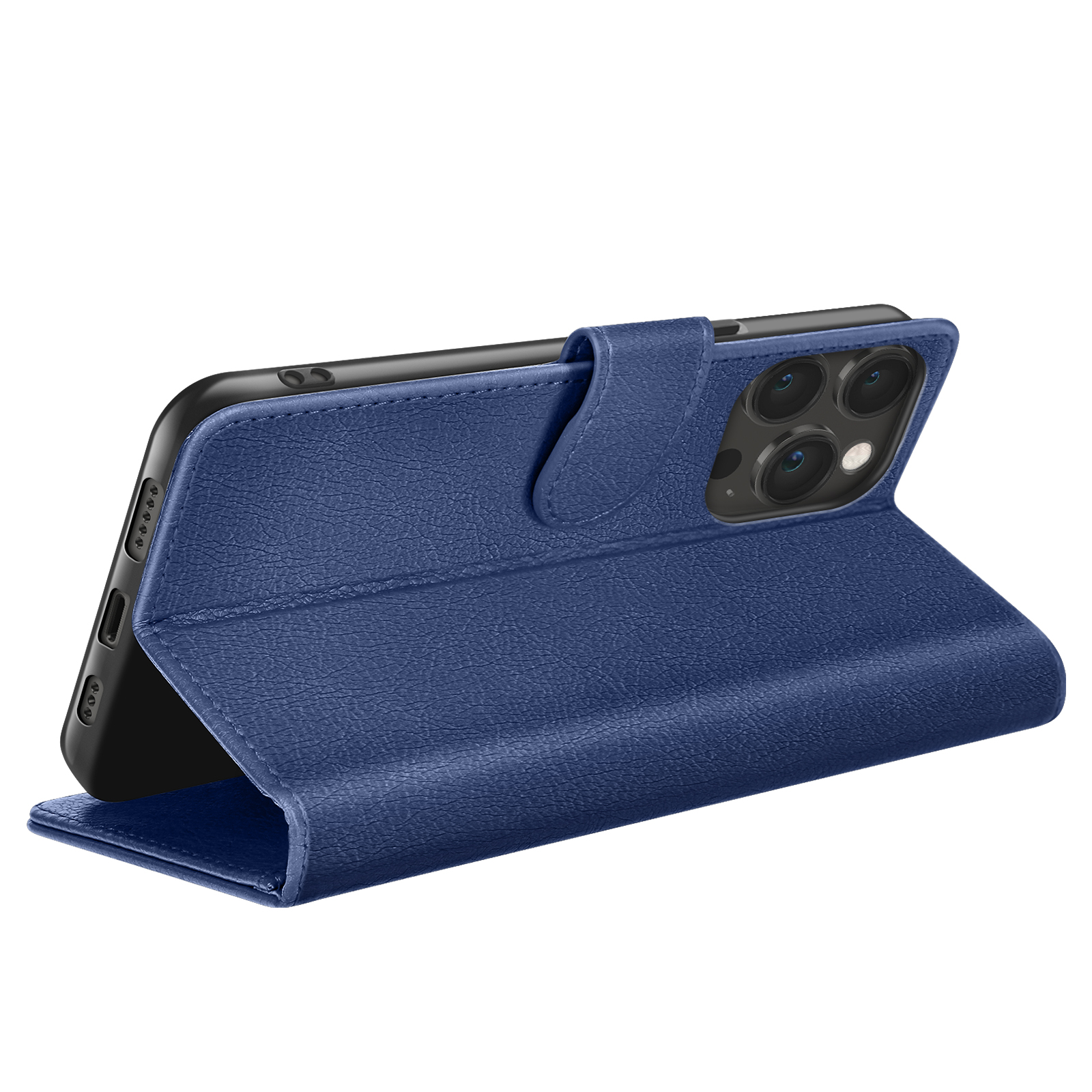 Een blauwe leren telefoonhoes met een telefoon erin. De hoes is open en toont de camera en het scherm van de telefoon.