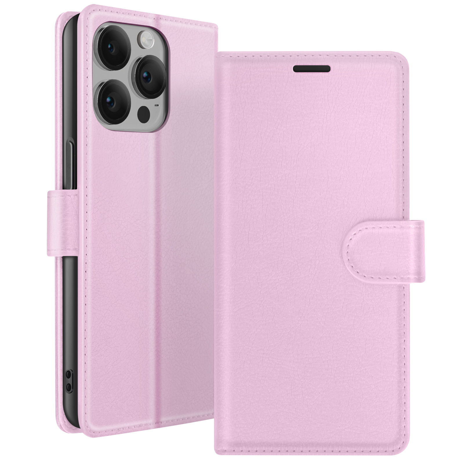 Una funda de teléfono de cuero rosa está abierta, revelando un teléfono con lentes de cámara. La funda tiene un cierre magnético.