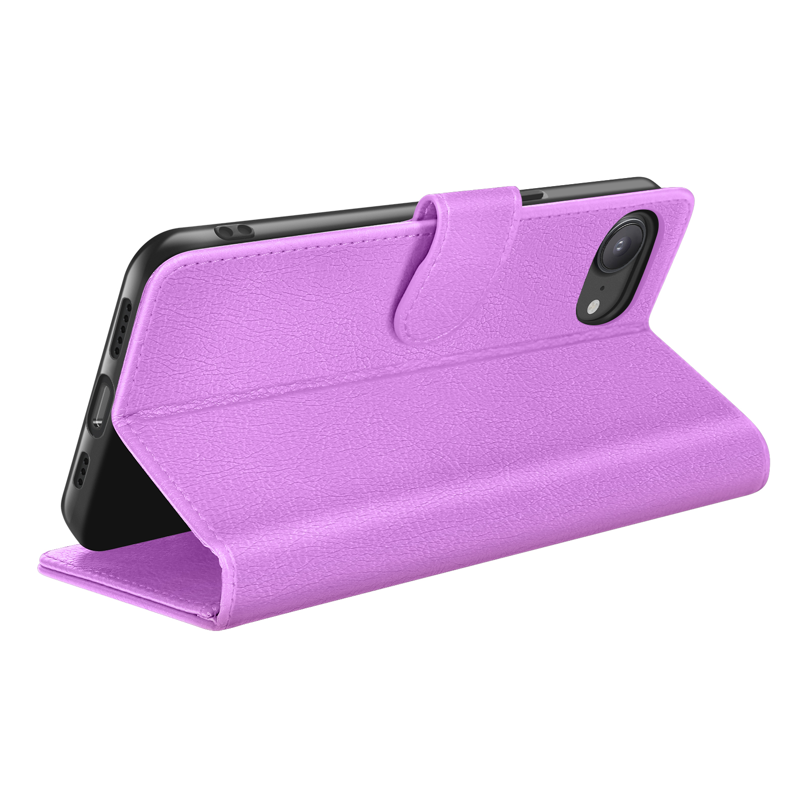 Er wordt een paarse telefoonhoes met een klapdeksel getoond, met de telefoon erin. De achtergrond is wit.