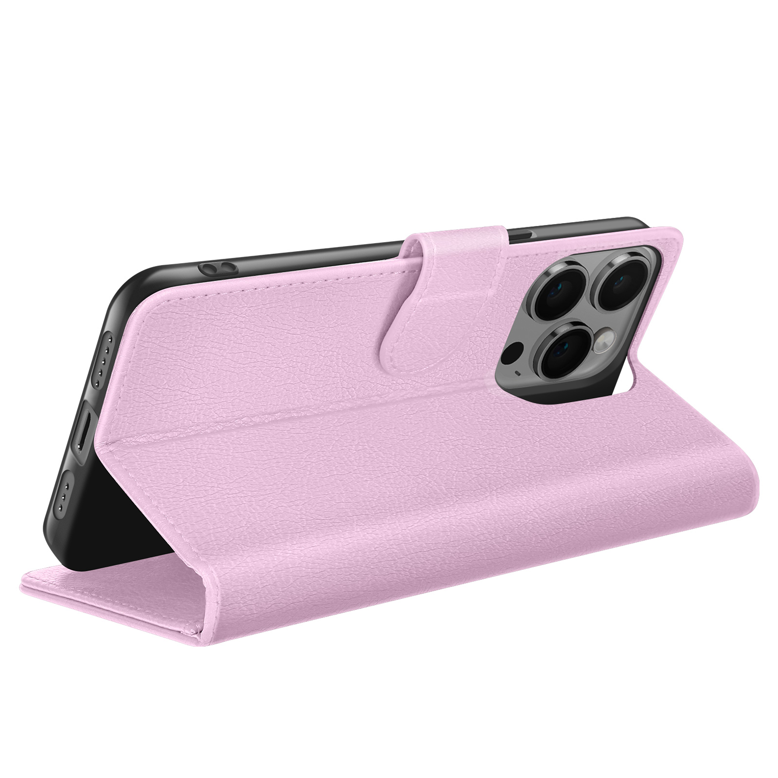 Funda de teléfono de cuero rosa, abierta, mostrando un teléfono negro con lentes de cámara, sobre un fondo blanco.