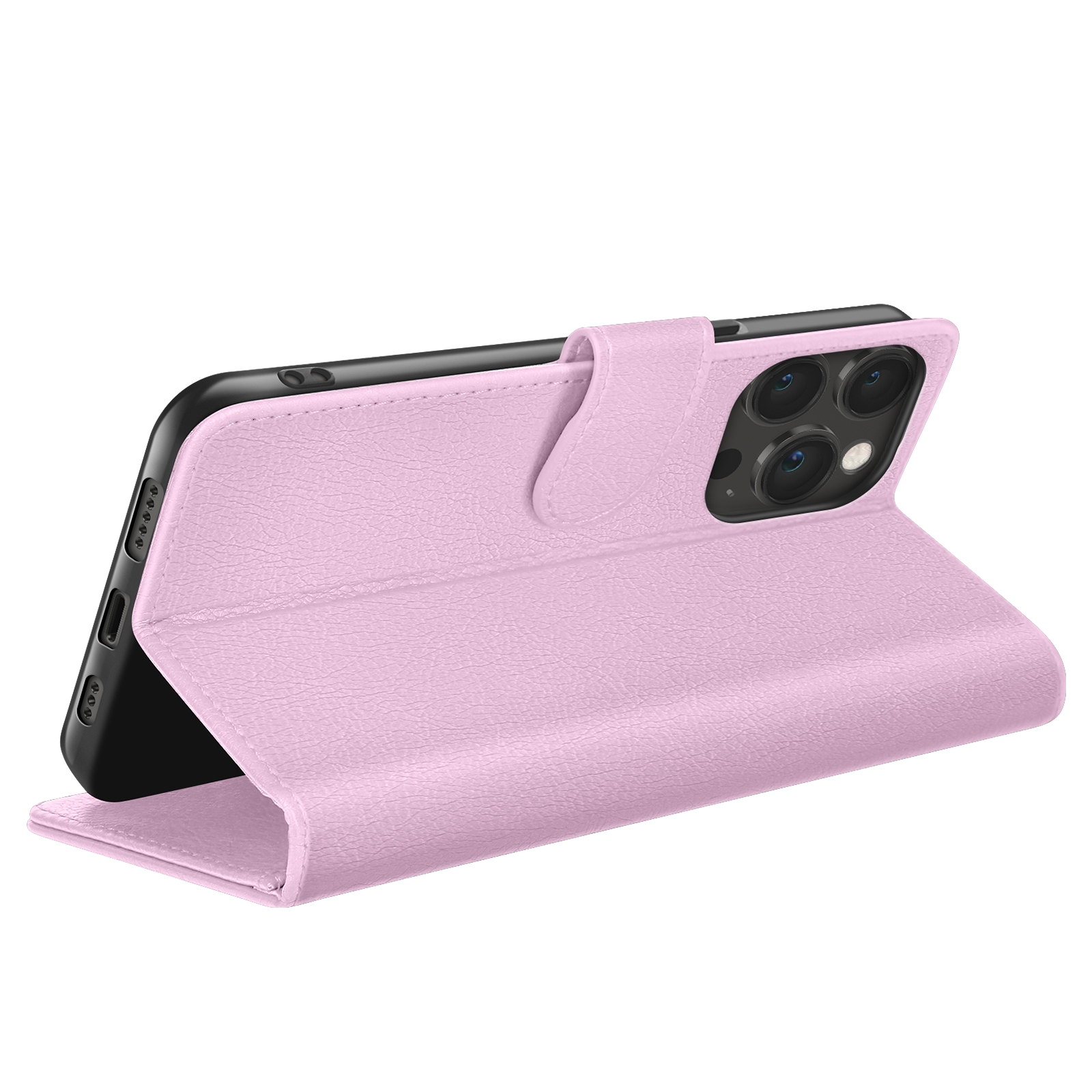 Een lichtroze telefoonhoesje met een telefoon erin ligt op een wit oppervlak. Het hoesje is open.