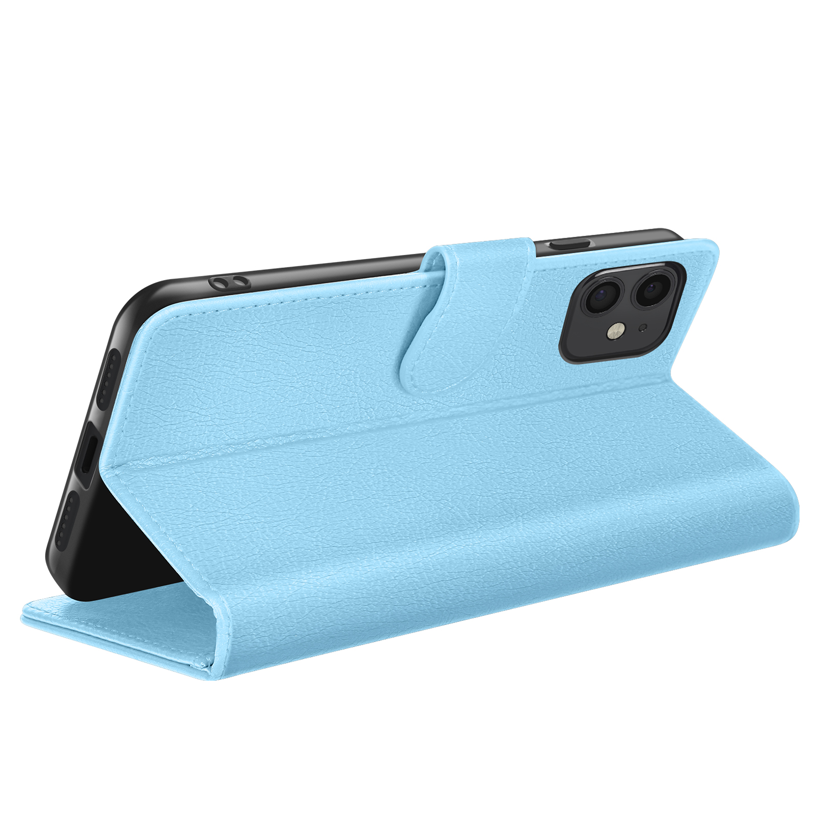 Een lichtblauwe telefoonhoes is open en toont een zwarte telefoon. De hoes heeft een gestructureerd oppervlak en een magnetische sluiting.