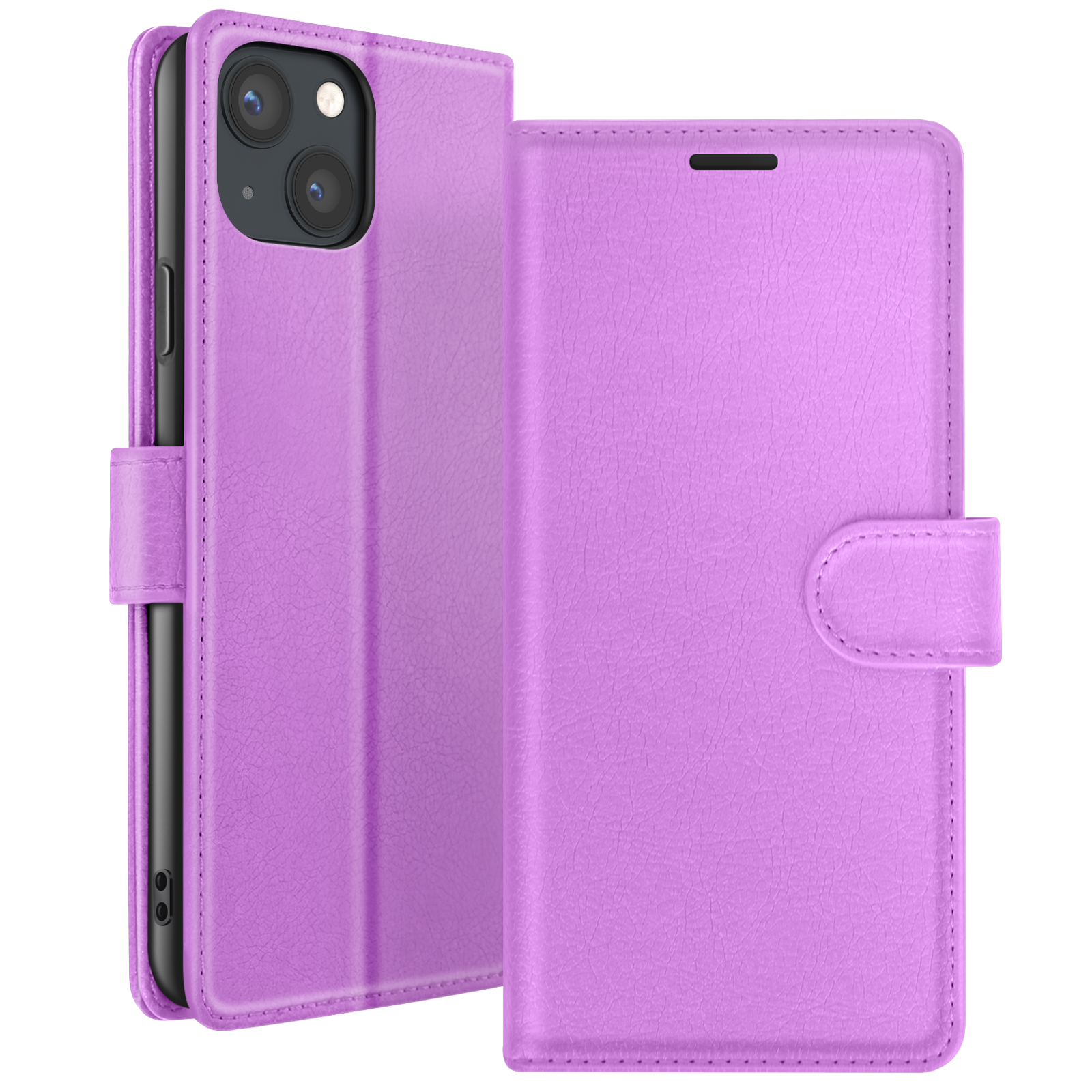 Een paarse telefoonhoes, open om de telefoon te onthullen. De hoes heeft een magnetische sluiting.