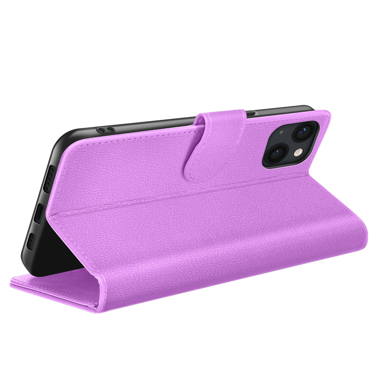 Een lavendelkleurige telefoonhoes is open, met een zwarte telefoon. De hoes is gemaakt van getextureerd materiaal, met een magnetische sluiting.