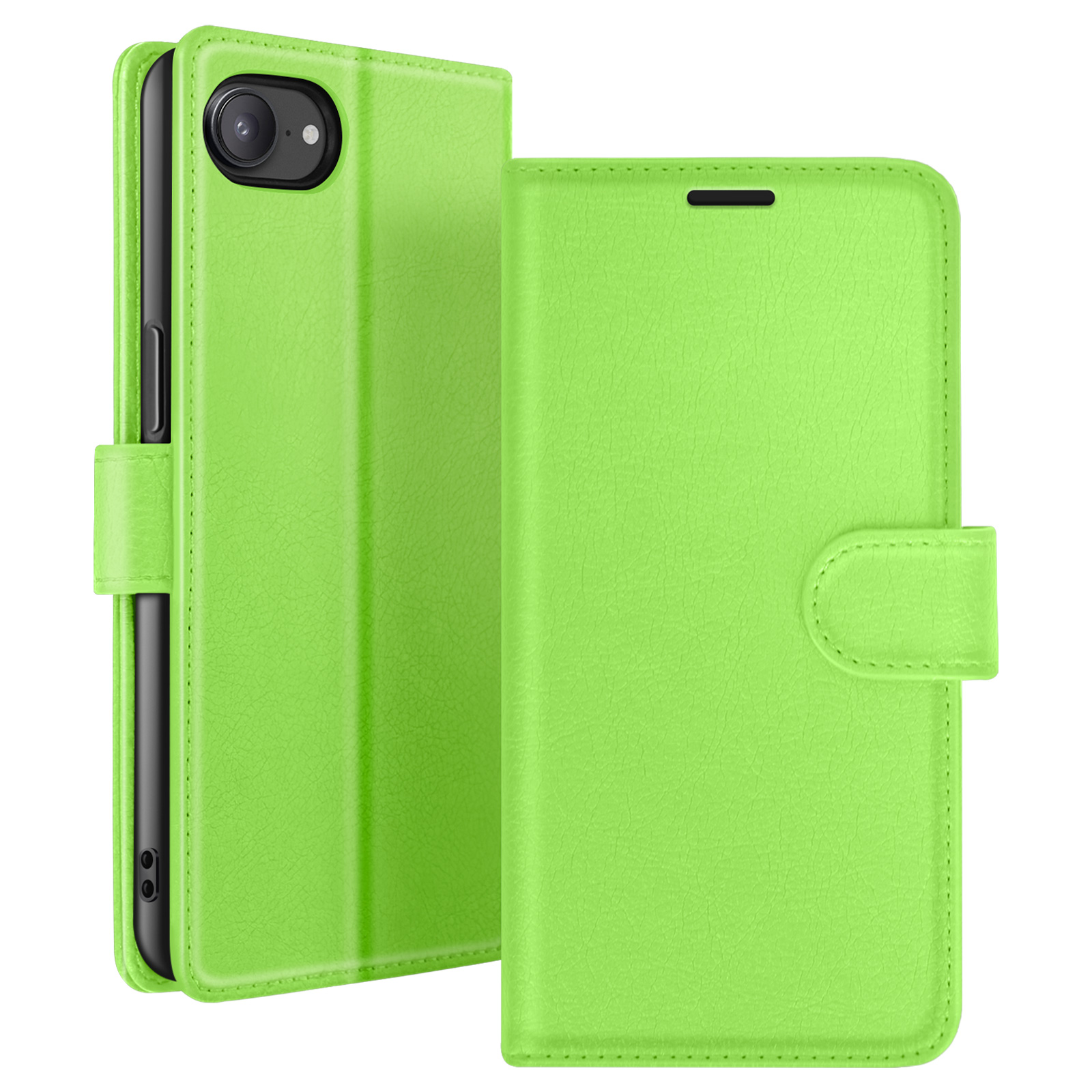 Felgroene telefoonhoes met folio-ontwerp. De hoes is open en toont de telefoon binnenin. De achtergrond is wit.