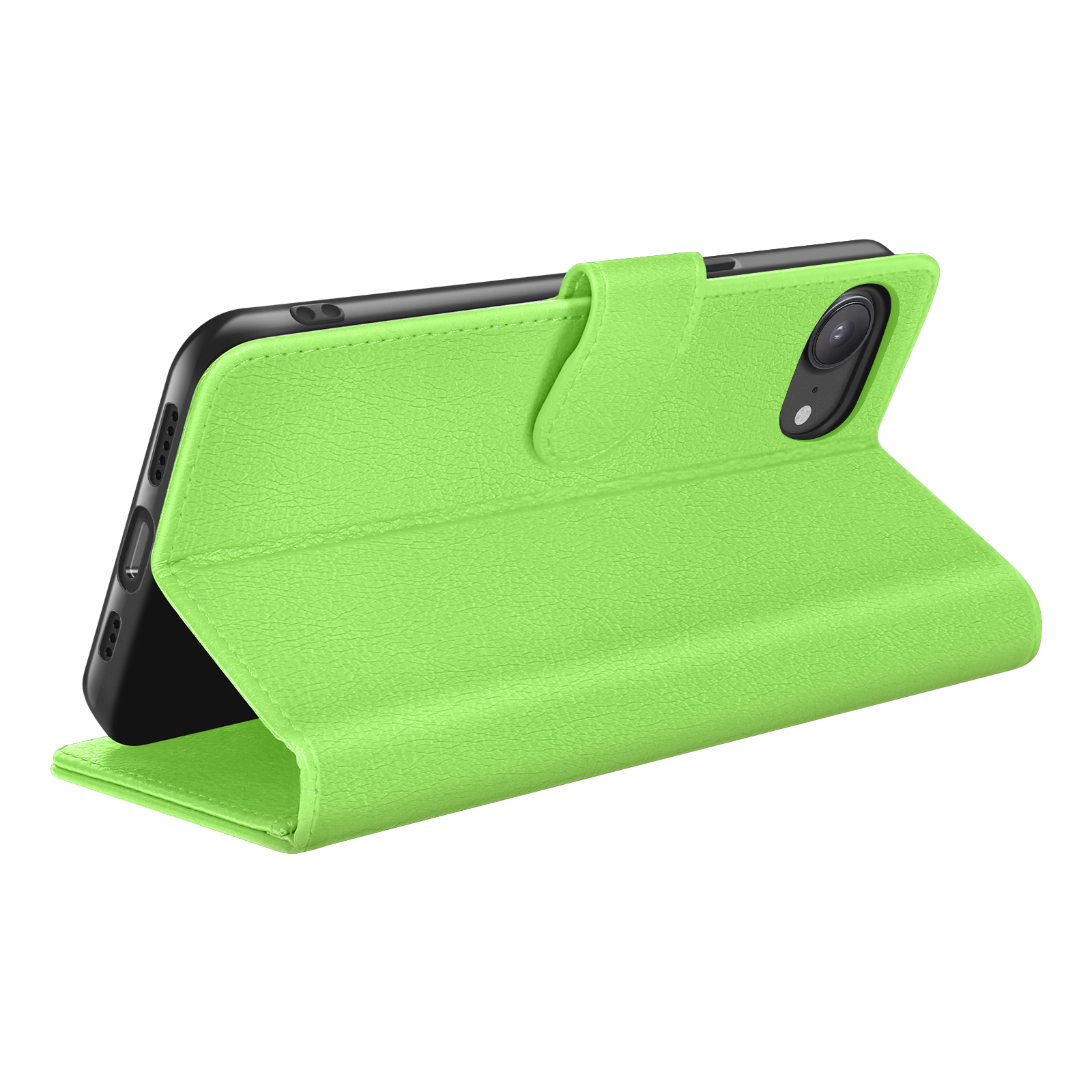 Groene telefoonhoes, open, met zwarte telefoon erin. De hoes heeft een getextureerd oppervlak en magneetsluiting.