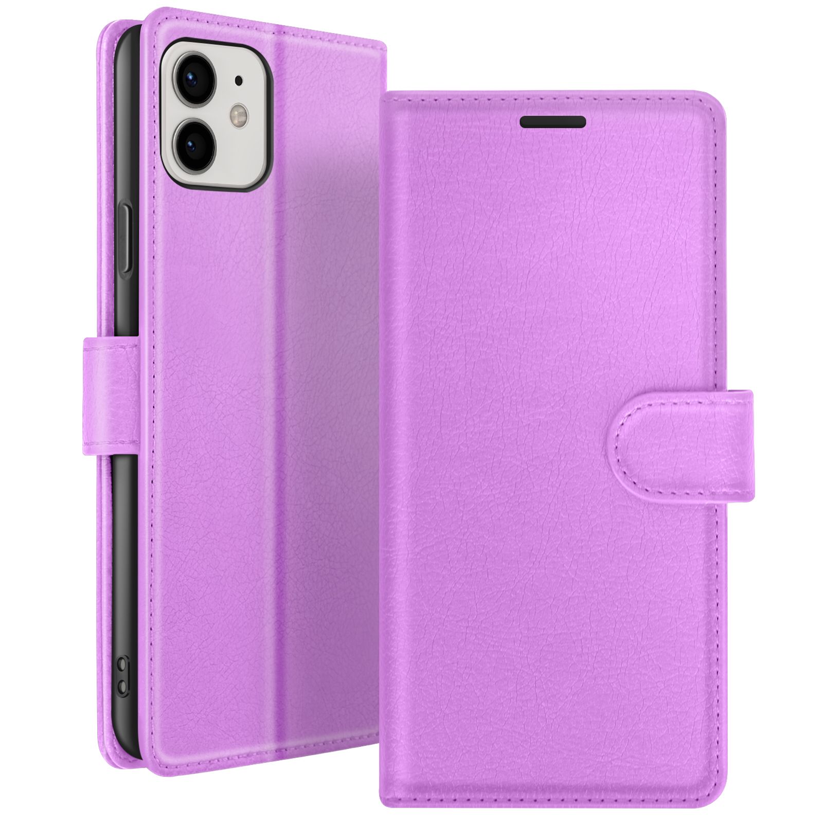 Een lavendelkleurige telefoonhoes is open en toont een zwarte telefoon. De hoes heeft een magnetische sluiting.