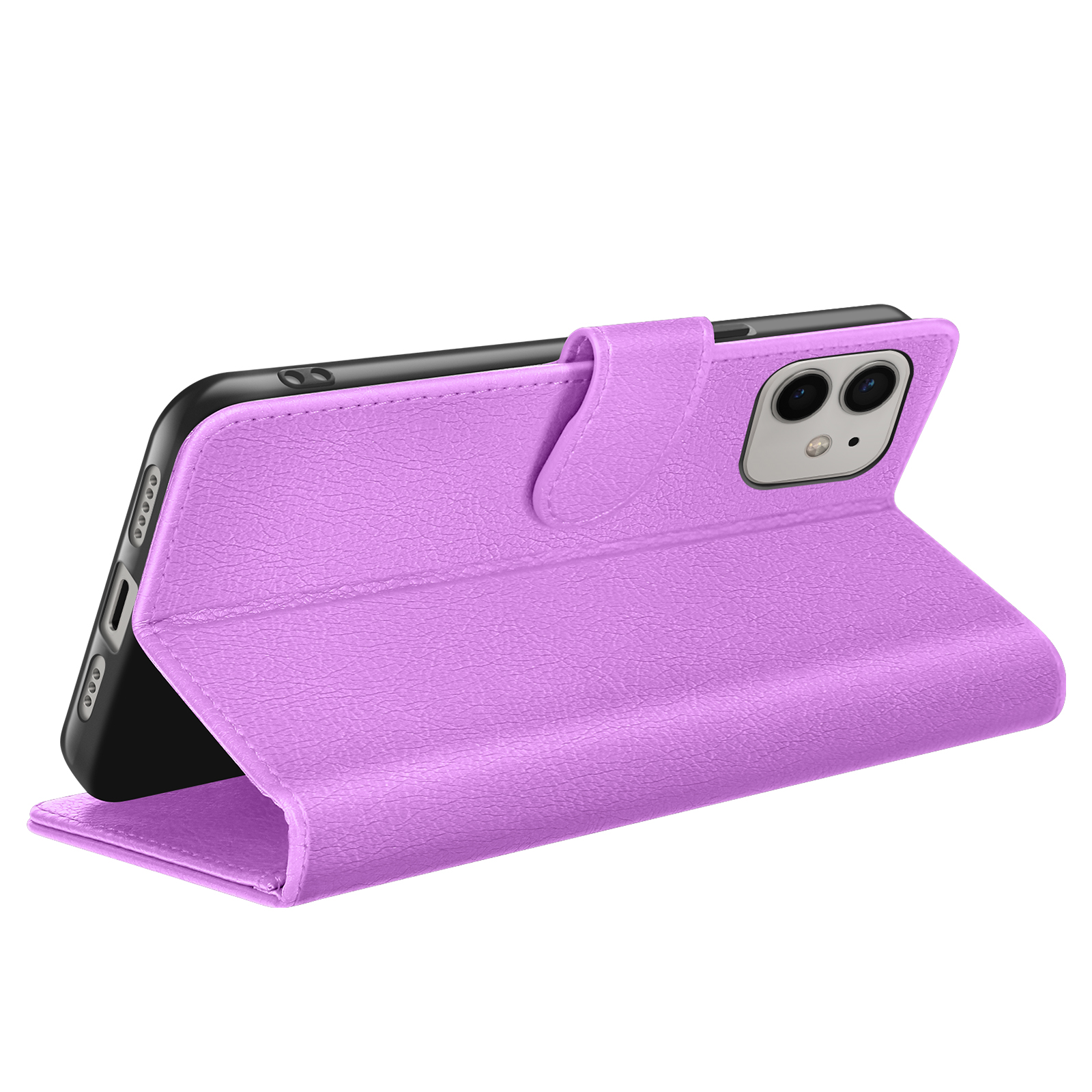 Een paarse telefoonhoes is open en onthult een zwarte telefoon. De hoes heeft een textuur van leer en een magnetische sluiting.