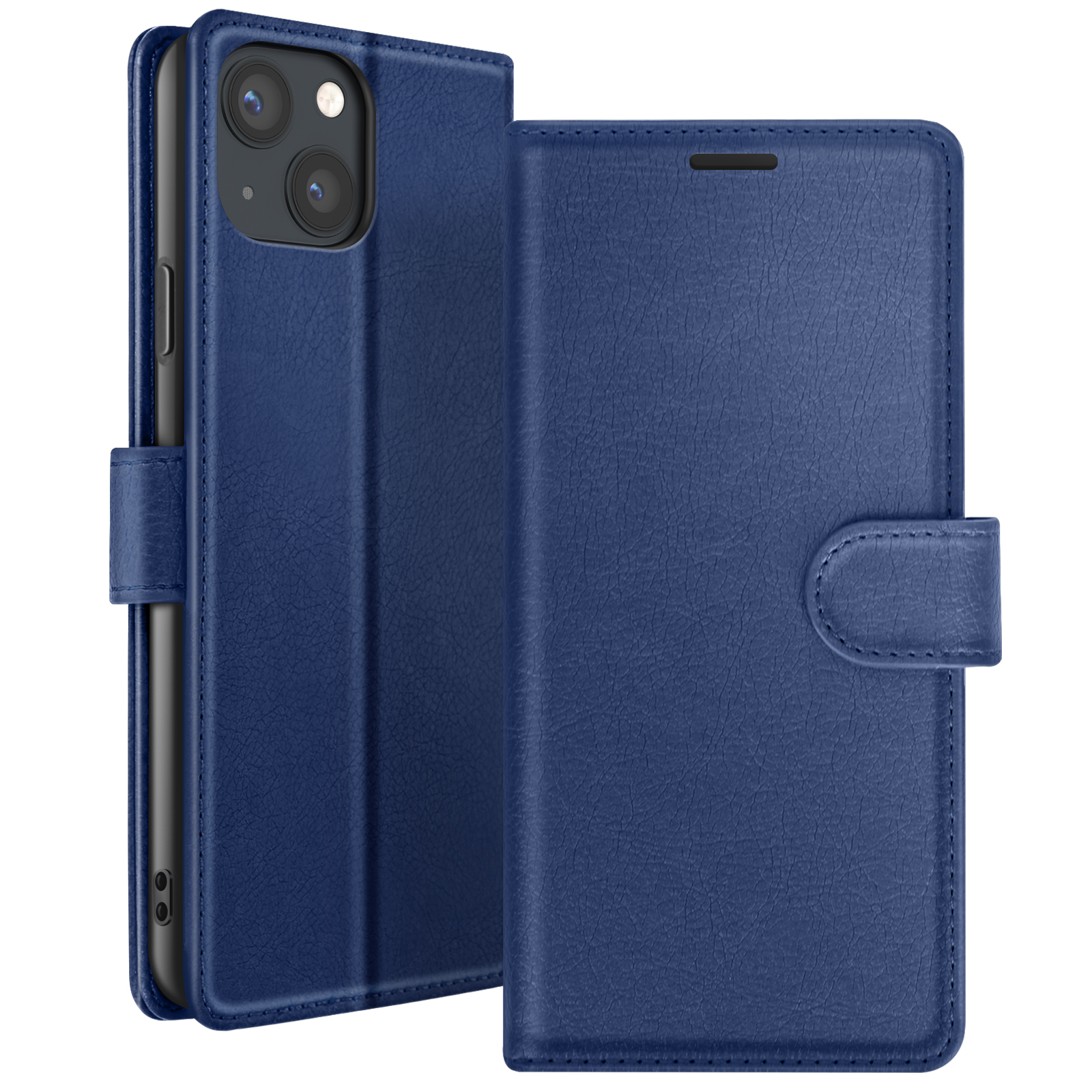 Een blauwe lederen telefoonhoes is open en toont een zwarte telefoon. De hoes heeft een magnetische sluiting en een getextureerd oppervlak.