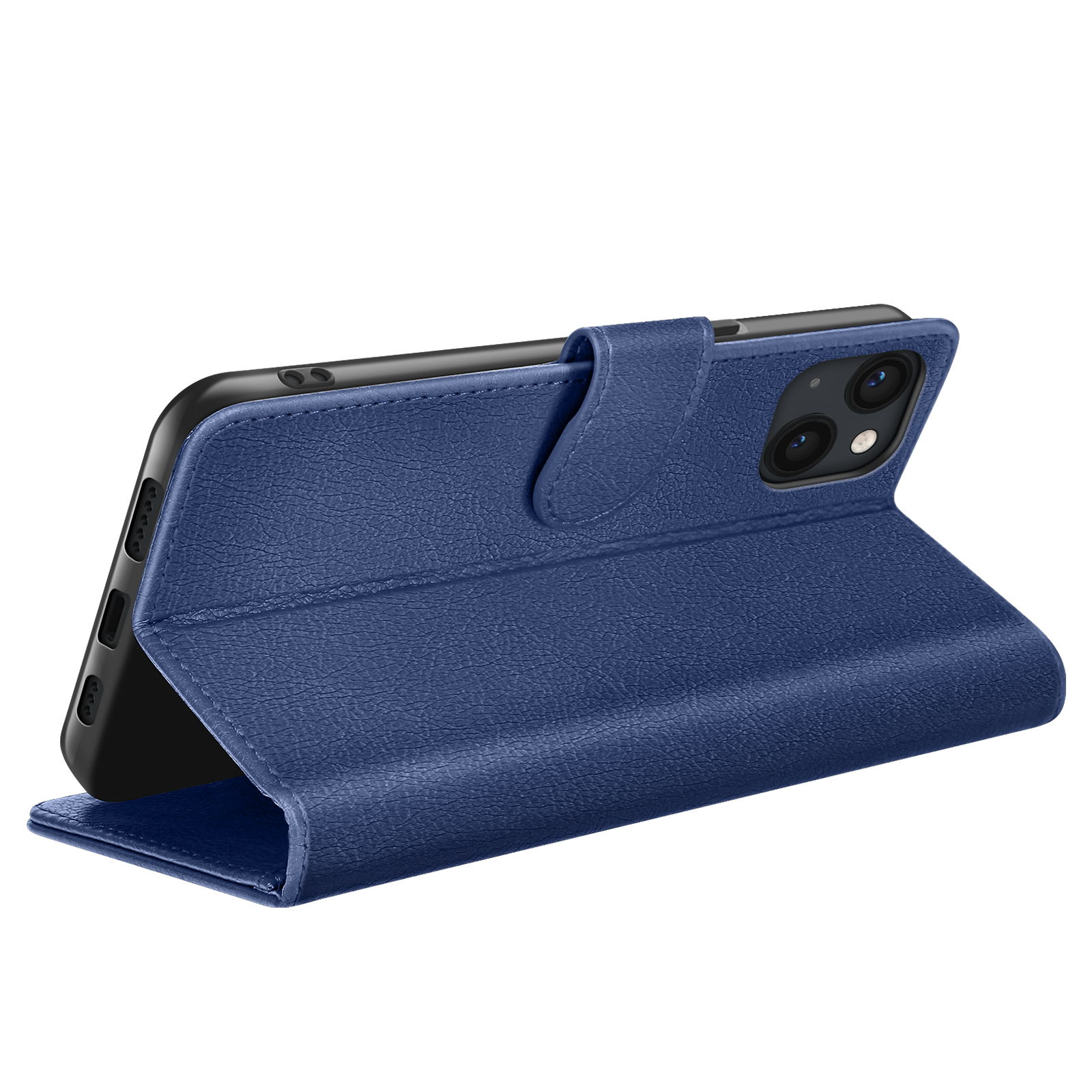 Een blauwe leren telefoonhoes met een telefoon erin. De hoes is open en de telefoon is zichtbaar. Geïsoleerd op witte achtergrond.