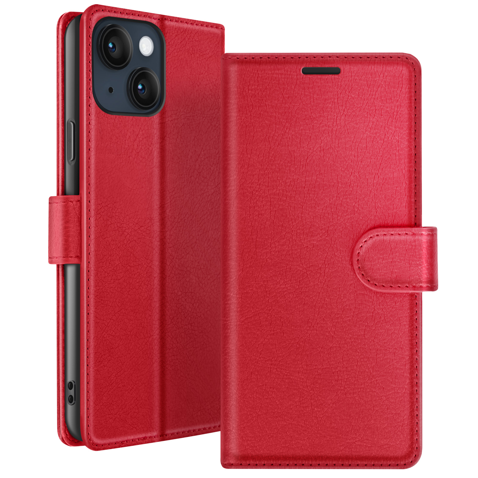 Rode leren telefoonhoes open, met een telefoon met camera's. De hoes heeft een magnetische sluiting.