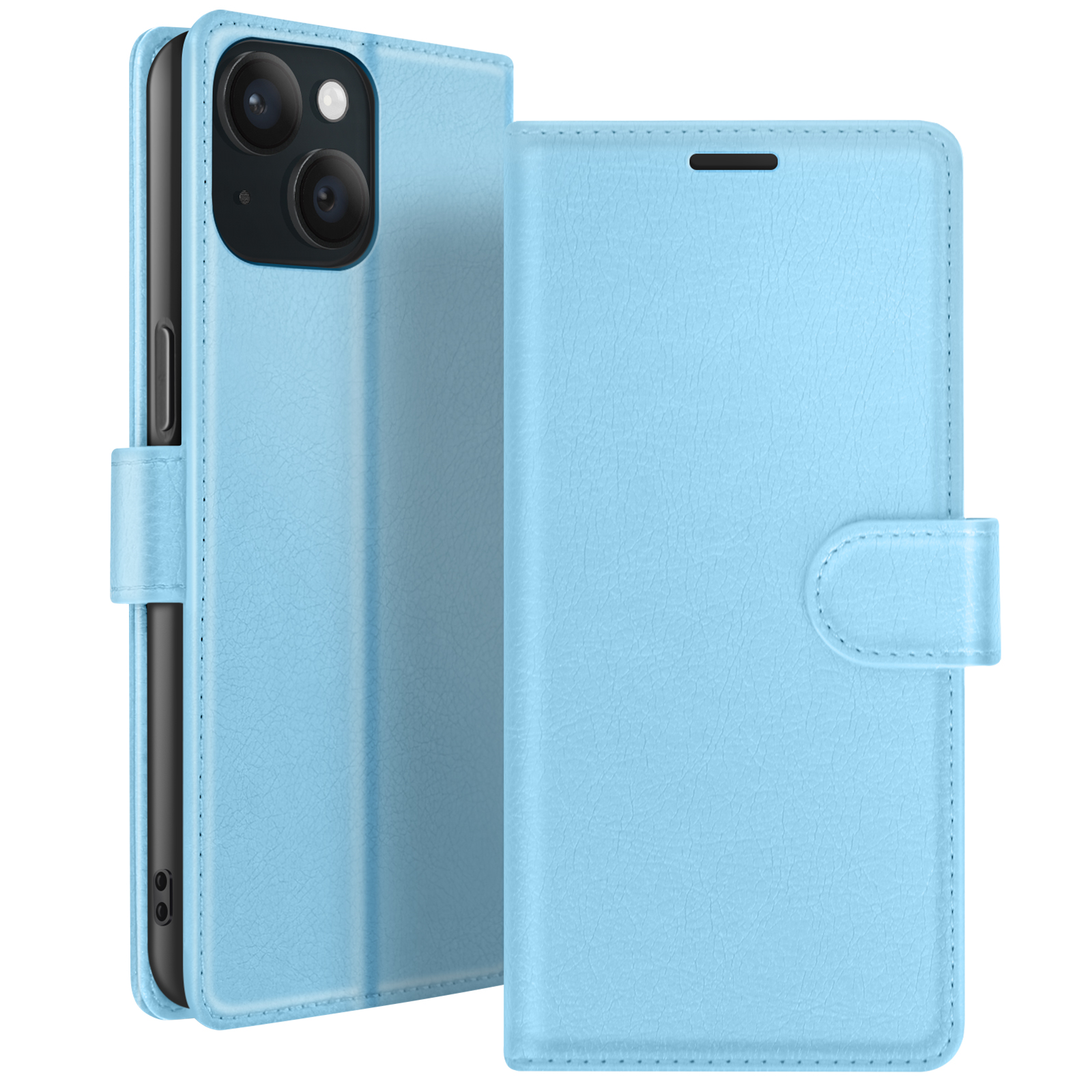 Un étui de téléphone bleu clair, ouvert, montrant l'appareil photo et l'écran du téléphone. L'étui est en matériau texturé.