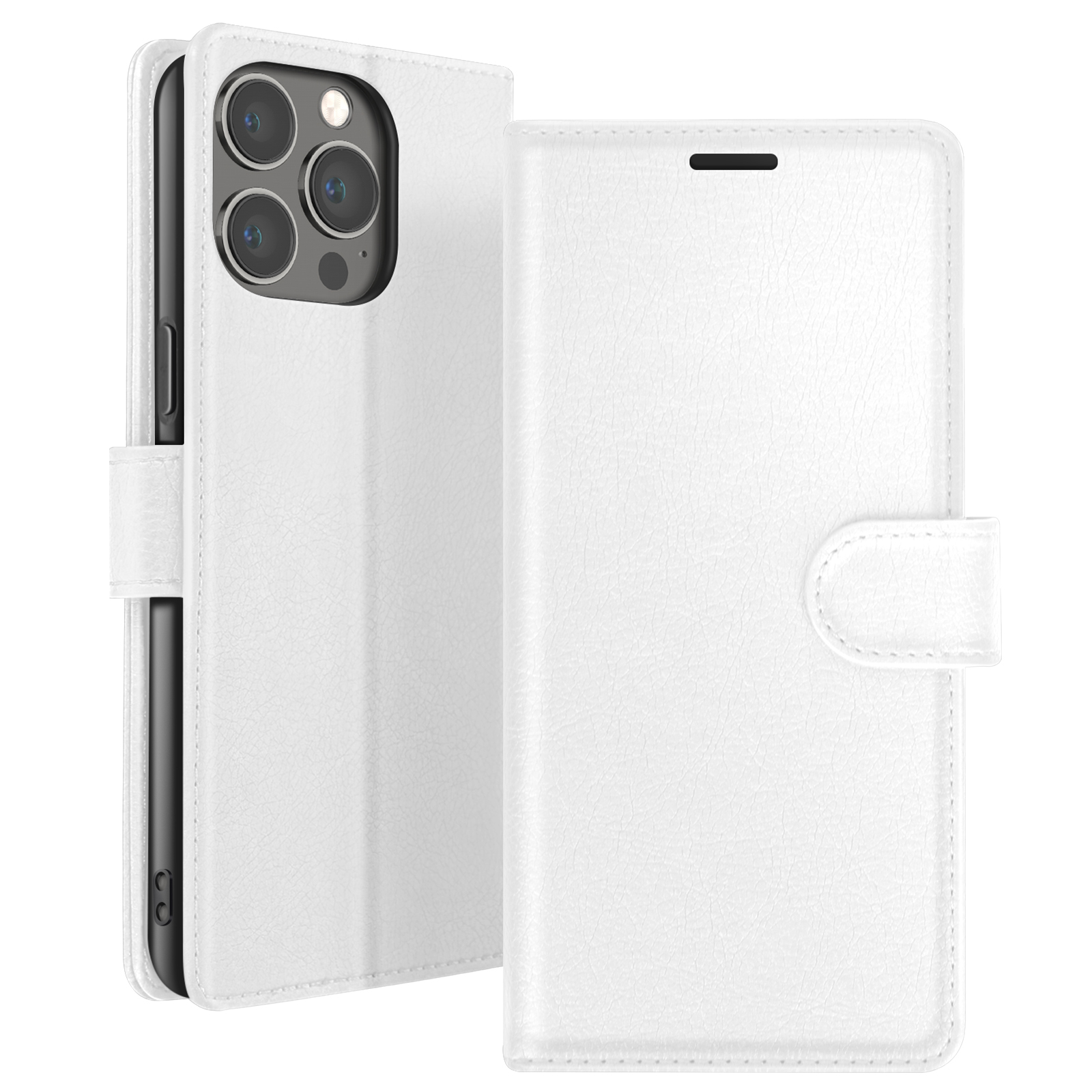 Witte leren telefoonhoes, open, met zichtbare telefoon. Kenmerken zijn cameralenzen, magneetsluiting en een textuur.