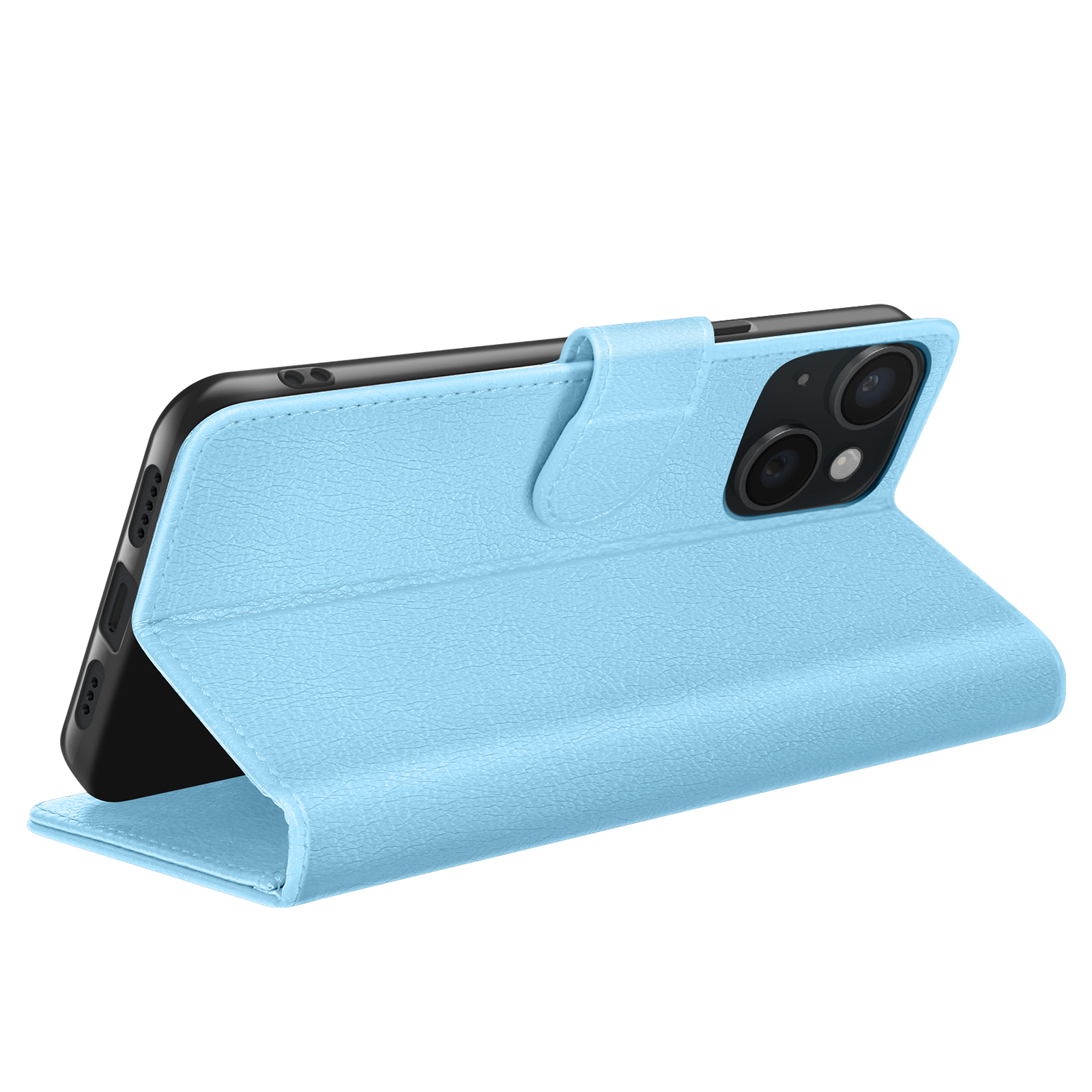 Un étui de téléphone bleu clair, ouvert pour révéler un téléphone noir avec des lentilles d'appareil photo. L'étui a une texture semblable au cuir. Fond blanc.