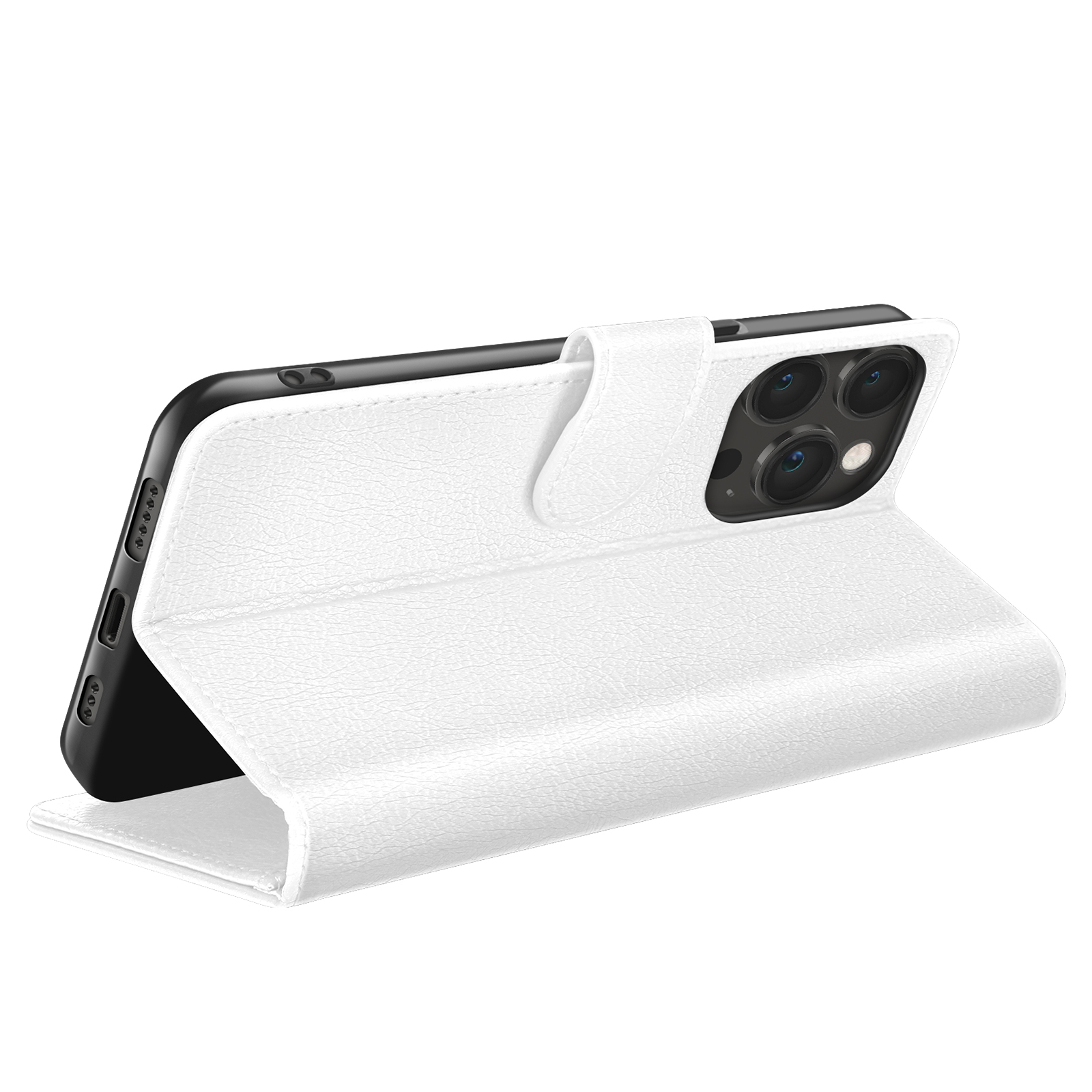 Een witte leren telefoonhoes is open en toont een zwarte smartphone. De hoes is getextureerd.