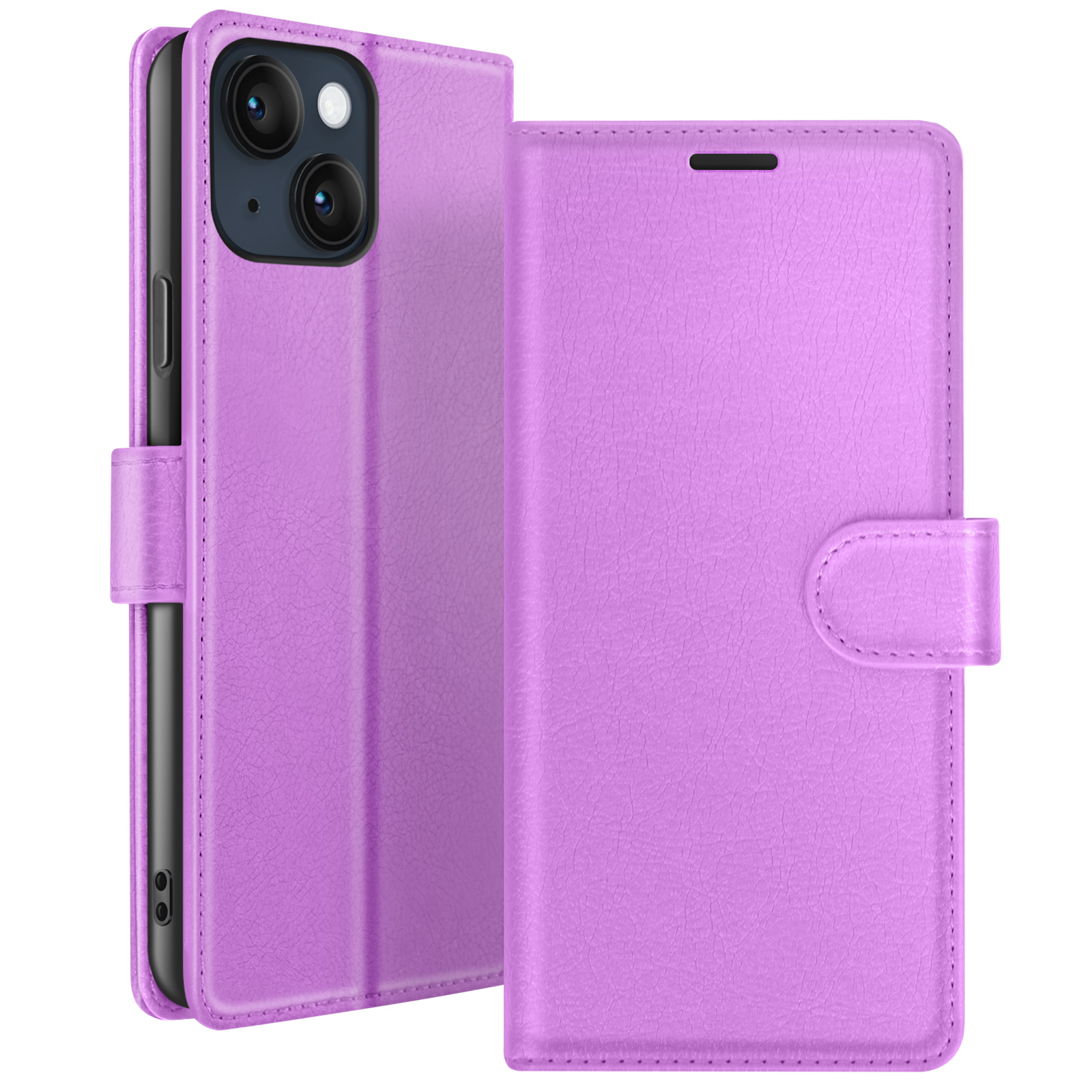 Un étui de téléphone lilas avec un téléphone à l'intérieur. L'étui est ouvert, révélant la caméra du téléphone. L'étui est sur fond blanc.
