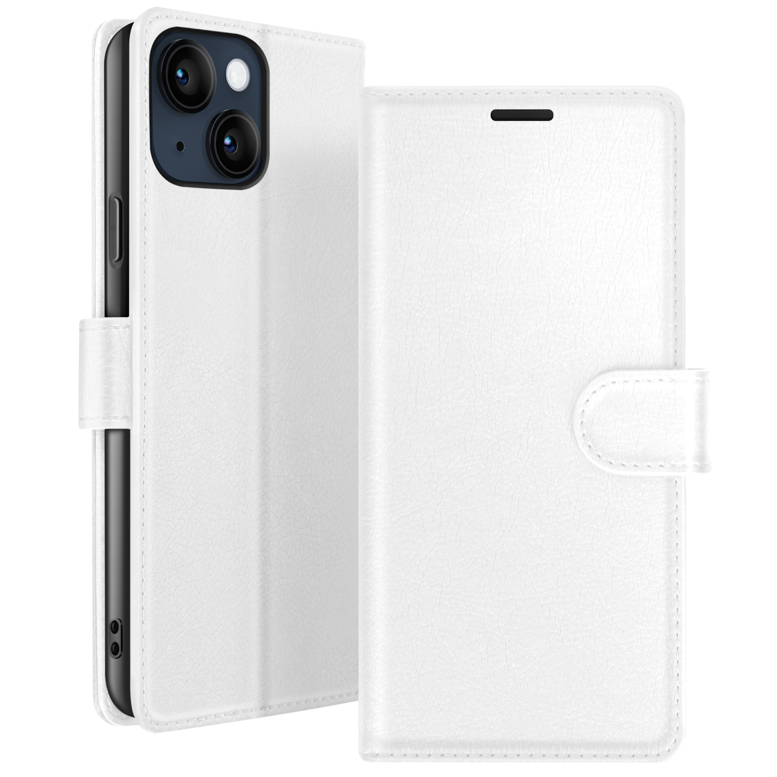 Étui de téléphone blanc avec rabat. Il possède une fermeture magnétique et un téléphone avec deux caméras. L'étui est ouvert.