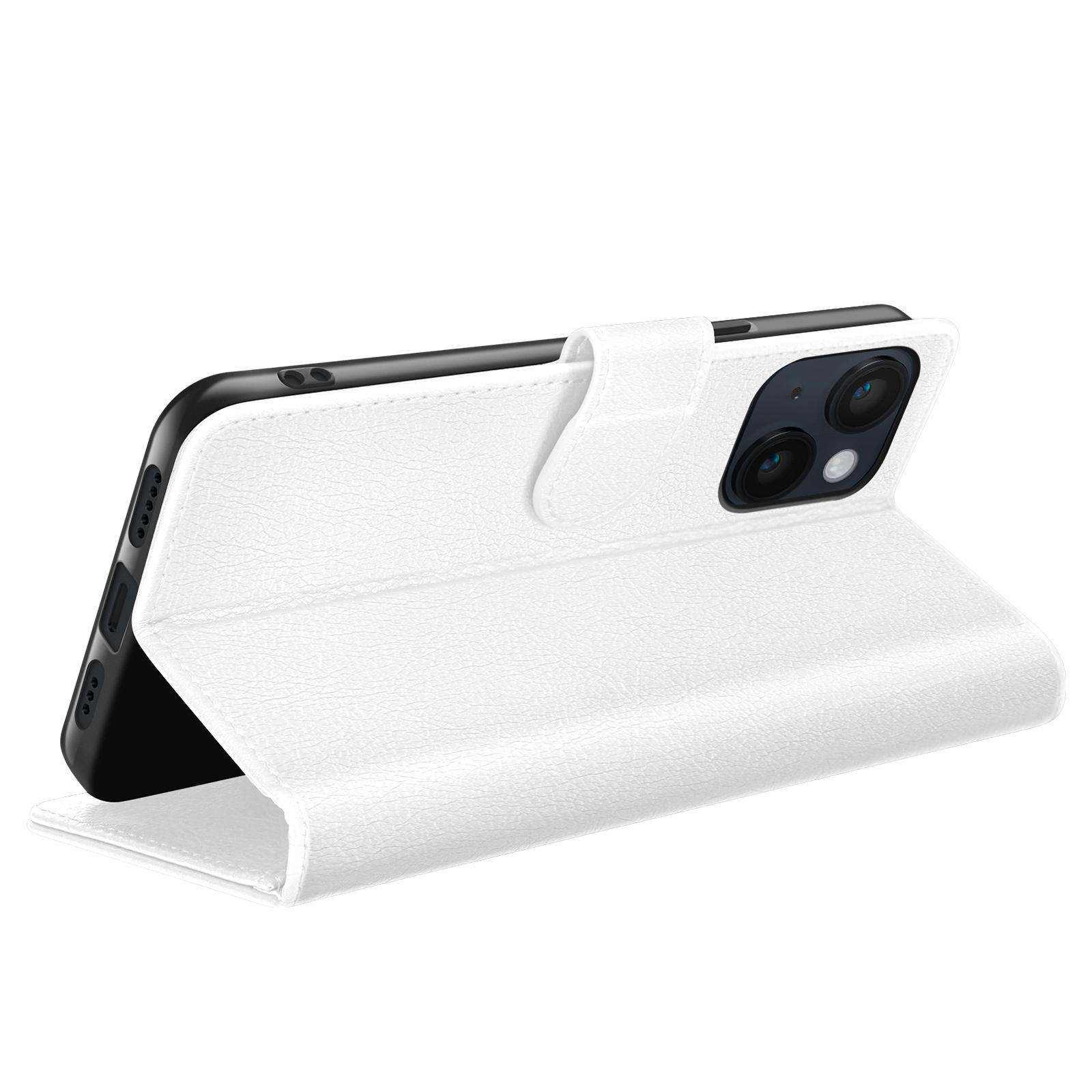 Étui de téléphone en cuir blanc avec un téléphone noir à l'intérieur. L'étui est ouvert, montrant la caméra et l'écran du téléphone.